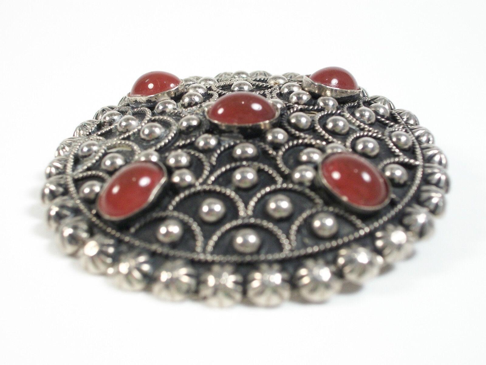 Gothic Revival Vintage Silver Tone Brooch/Pendant with Faux Carnelian - Italy - Circa 1960's For Sale