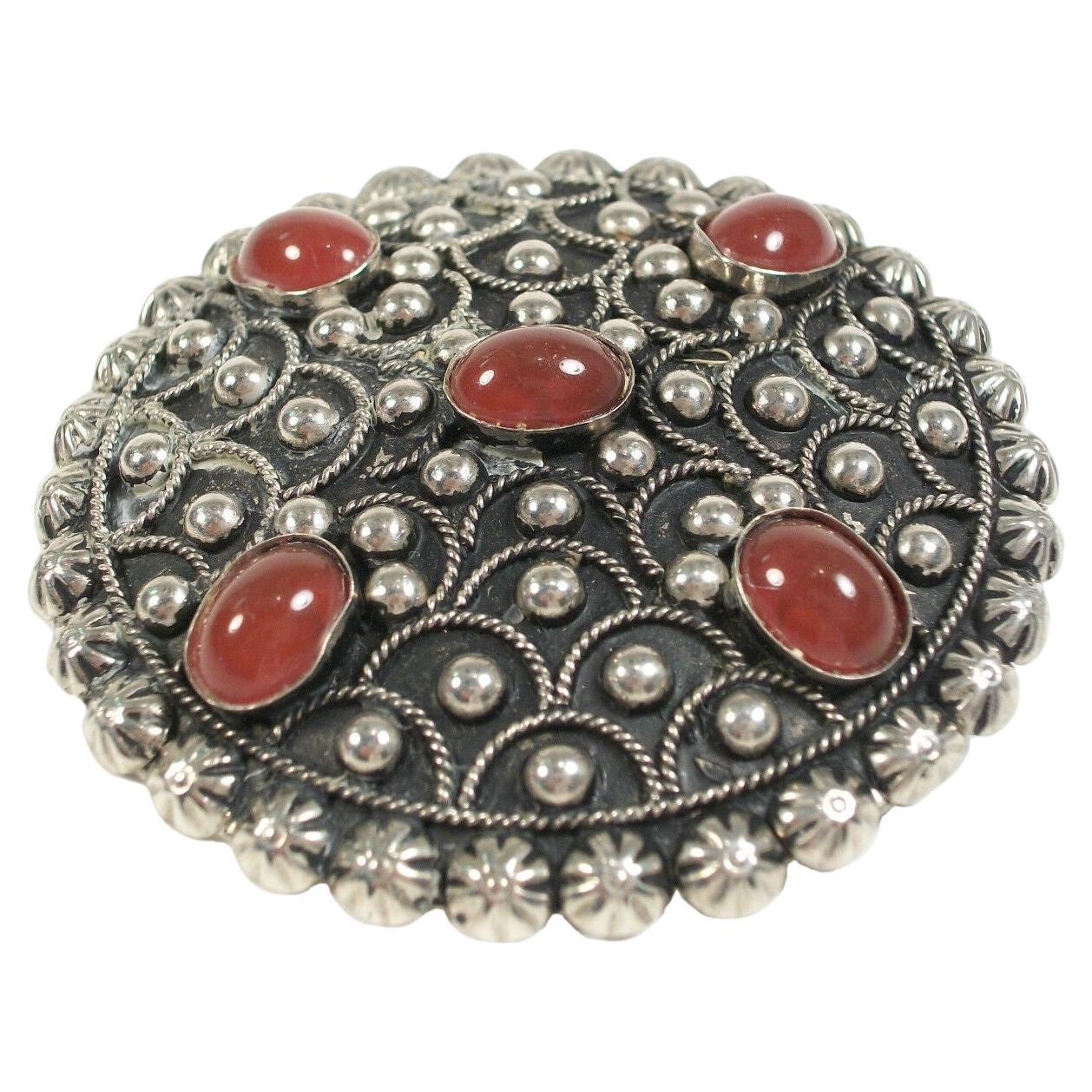 Vintage Silver Tone Brooch/Pendant with Faux Carnelian - Italy - Circa 1960's For Sale