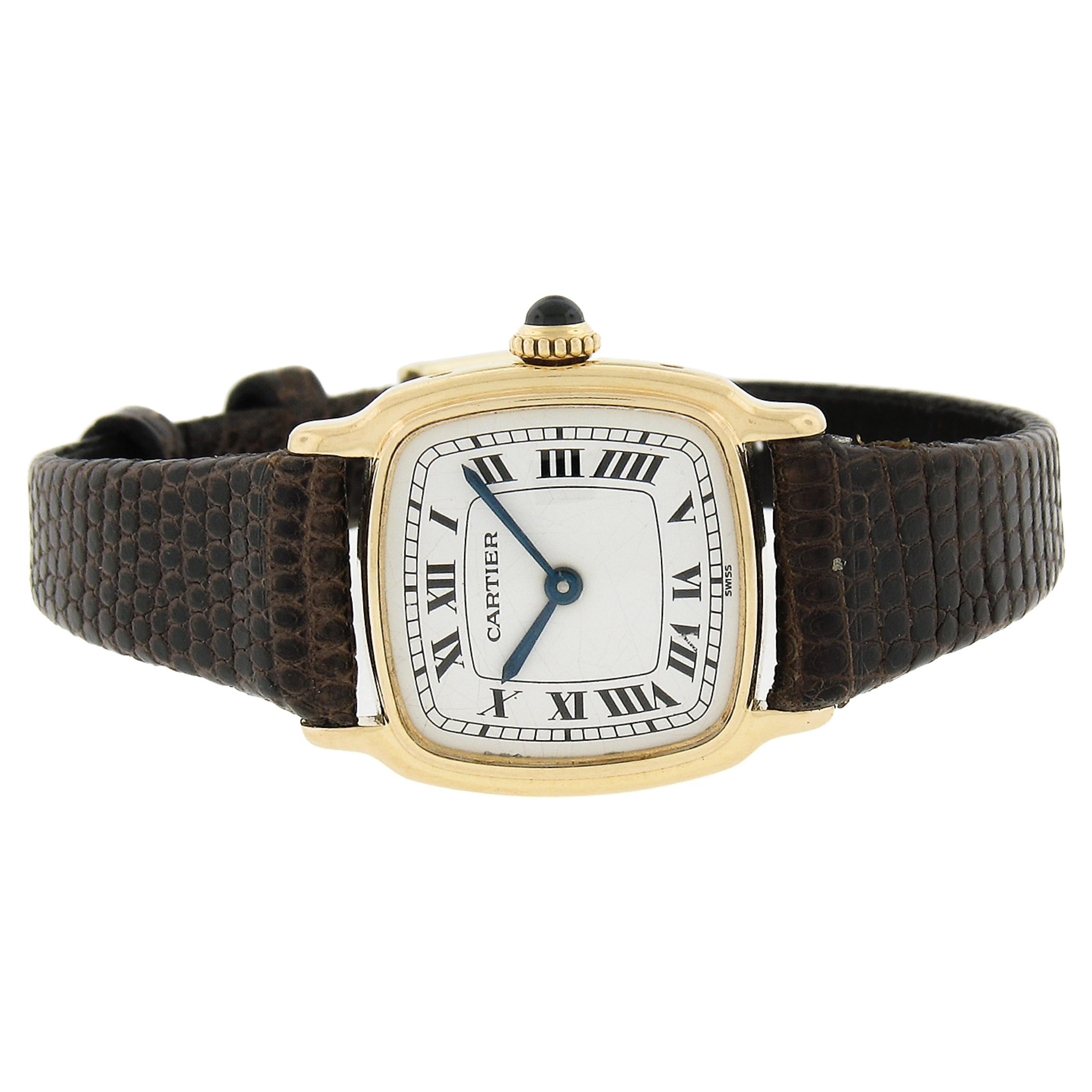 Vintage Cartier 18k Gold 21mm Cushion Shape Mechanical Hand Wound Wrist Watch For Sale