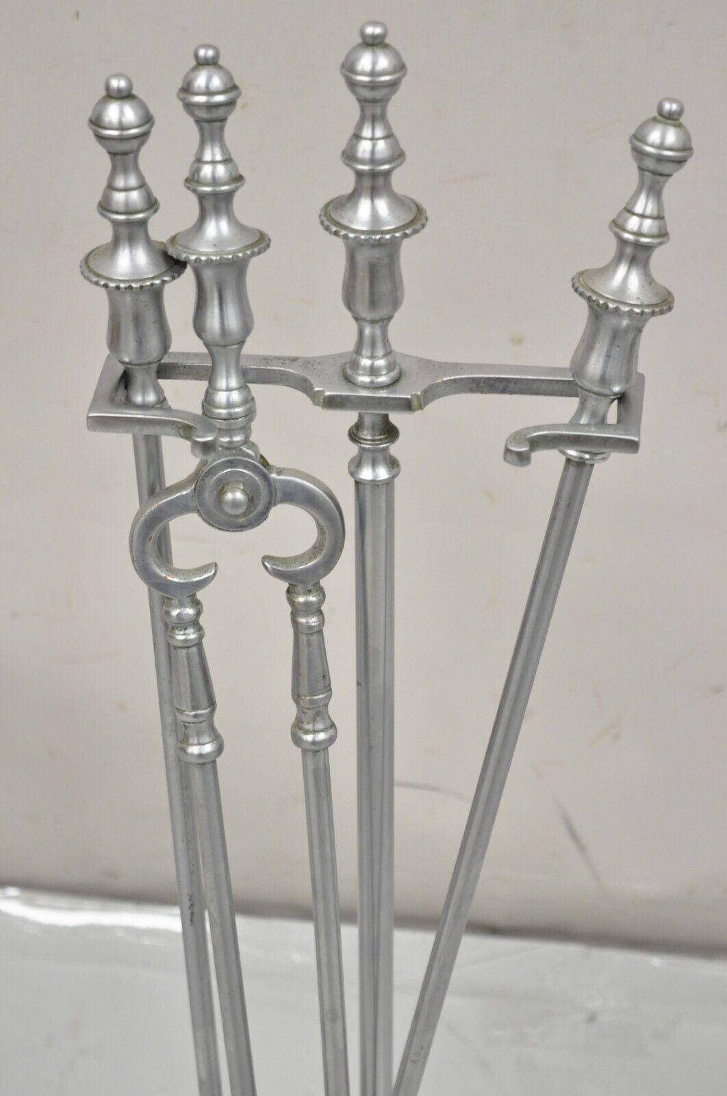 Vintage Silver Pewter Metal Federal Style Urn Finial Fireplace Tool Set - 4 Pcs In Good Condition For Sale In Philadelphia, PA