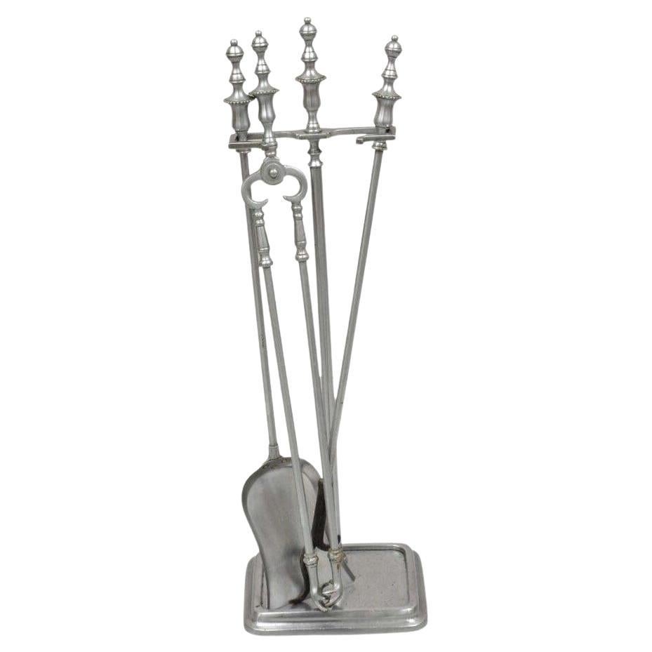 Vintage Silver Pewter Metal Federal Style Urn Finial Fireplace Tool Set - 4 Pcs For Sale