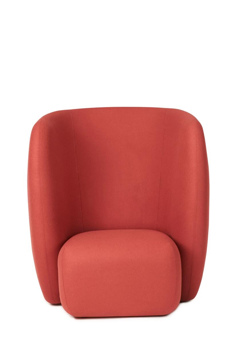 Haven Lounge chair apple red by Warm Nordic
Dimensions: D107 x W84 x H 110 cm
Material: Textile upholstery, Foam, Spring system, Wood.
Weight: 50 kg
Also available in different colours and finishes. 

The Haven armchair is a contemporary chair