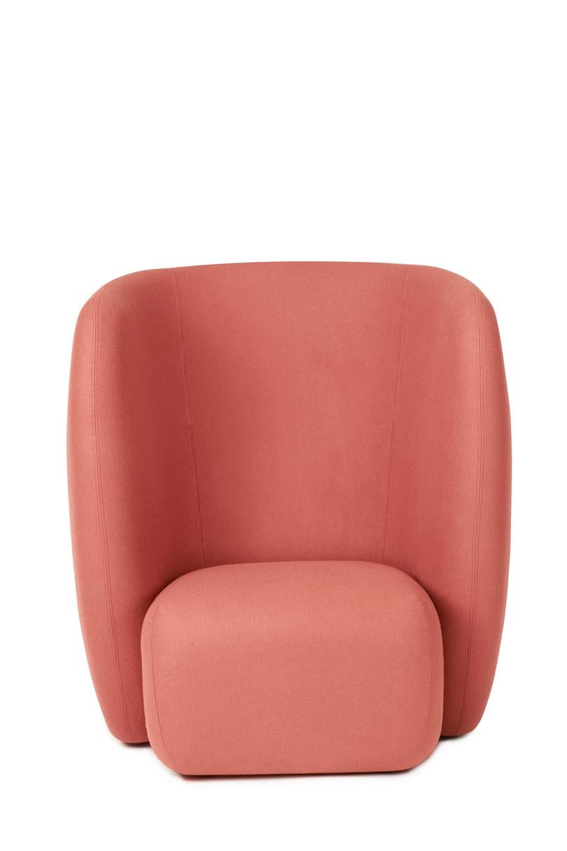 Haven lounge chair coral by Warm Nordic
Dimensions: D107 x W84 x H 110 cm
Material: Textile upholstery, Foam, Spring system, Wood.
Weight: 50 kg
Also available in different colours and finishes. 

The Haven armchair is a contemporary chair