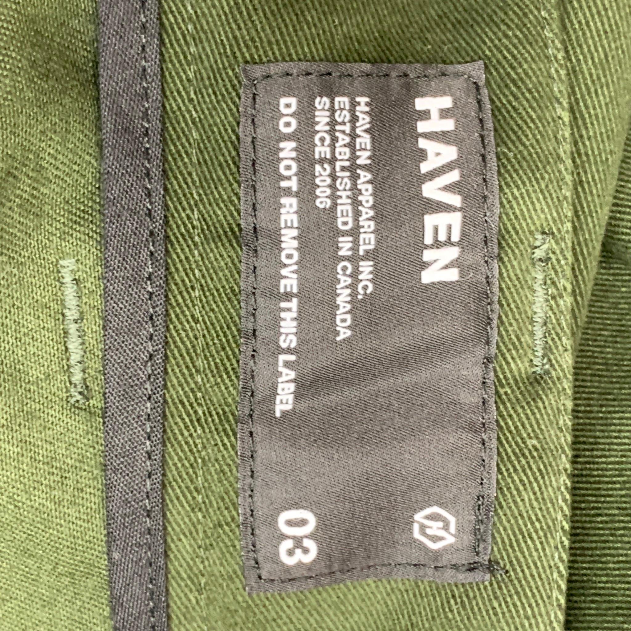 HAVEN Size L Green Solid Cotton Zip Fly Casual Pants In New Condition In San Francisco, CA