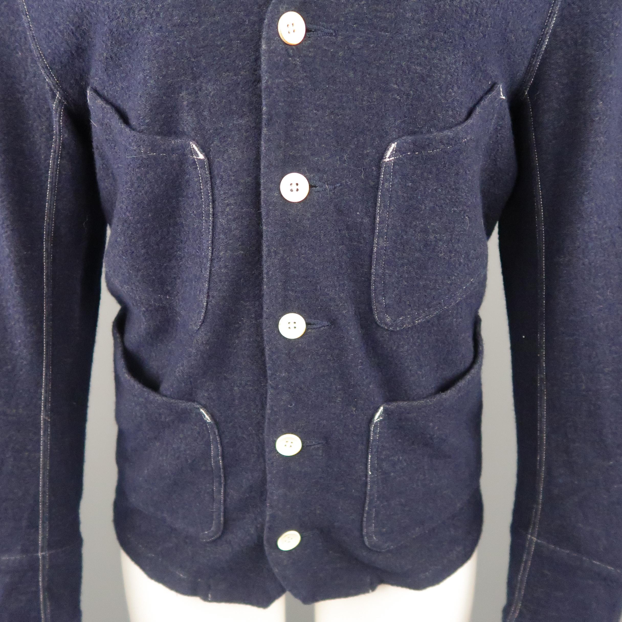 Black HAVER SACK M Navy Contrast Stitch Wool Blend V Neck Patch Pocket Jacket