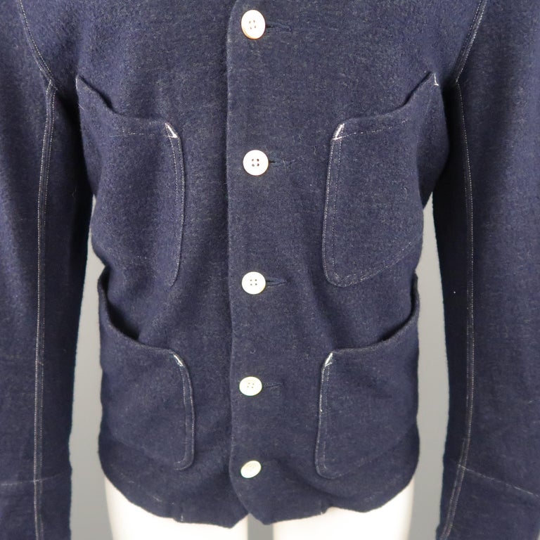 HAVER SACK M Navy Contrast Stitch Wool Blend V Neck Patch Pocket Jacket ...