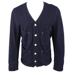 HAVER SACK M Navy Contrast Stitch Wool Blend V Neck Patch Pocket Jacket