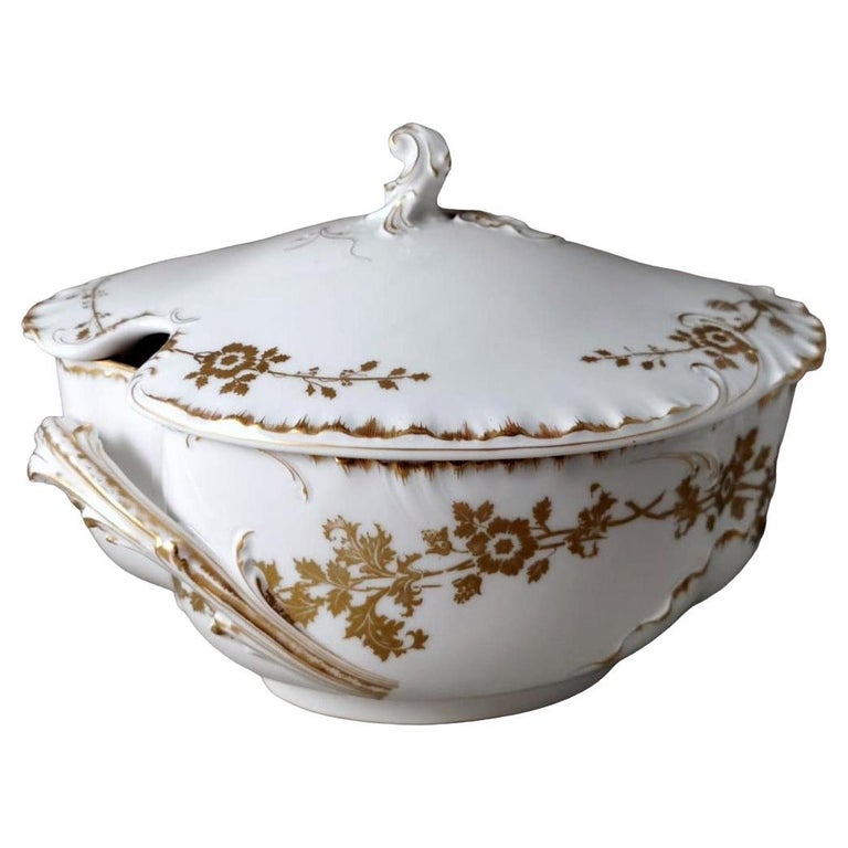 Haviland and Co Limoges French Tureen in White Porcelain and Gold