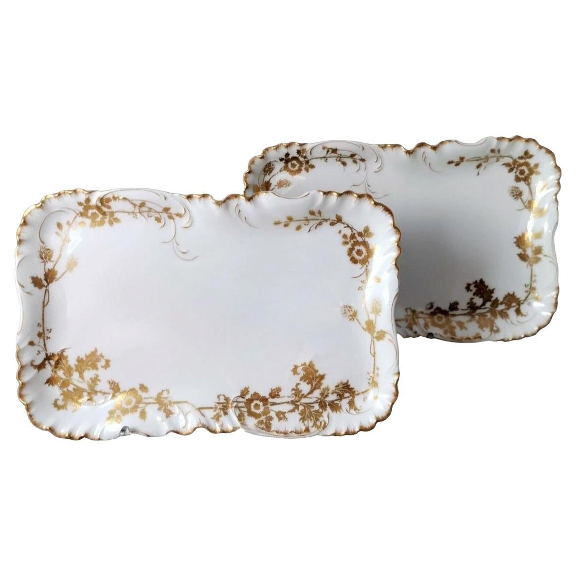 Haviland & Co Limoges Pair of French Trays White Porcelain and Gold Decoration For Sale