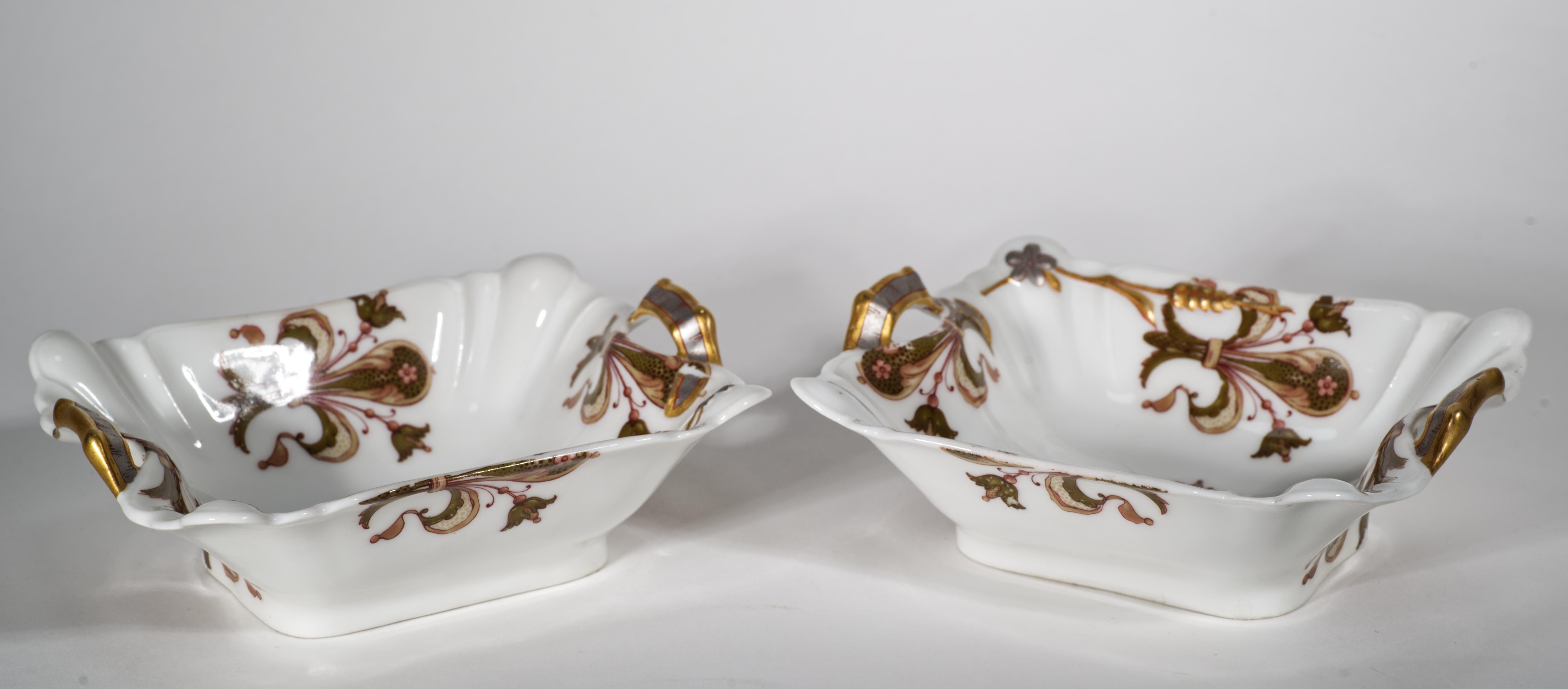 Aesthetic Movement Haviland Limoges 2 Rectangular Serving Porcelain Bowls with Handles, 1876-1889 For Sale