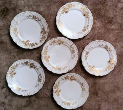 Haviland Limoges 6 French White Porcelain Flat Plates and Gold Decorations