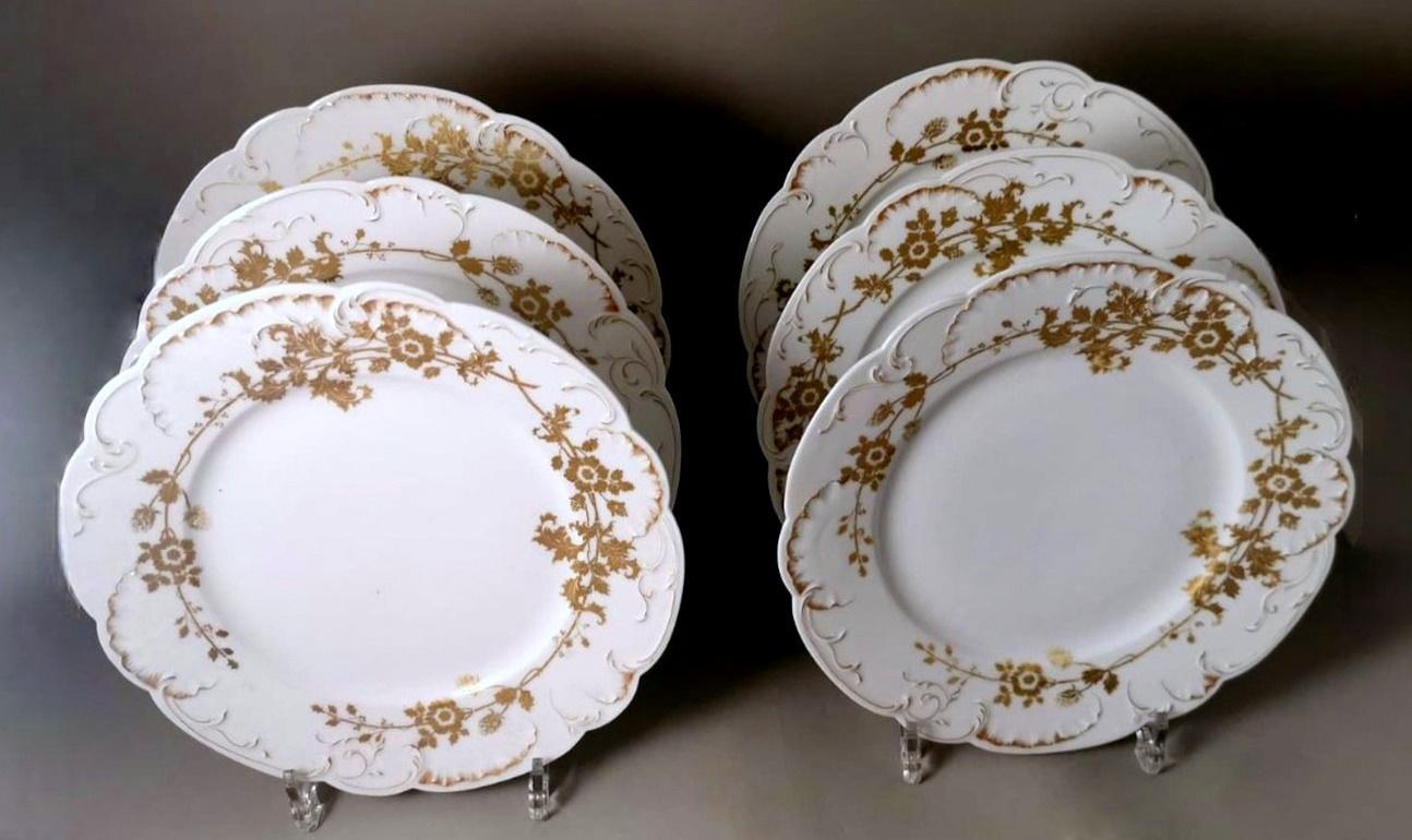 Haviland Limoges: 6 französische flache Teller aus weißem Porzellan mit Golddekorationen (Französisch) im Angebot