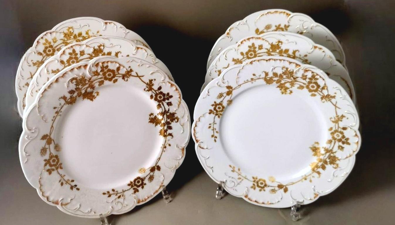 Haviland Limoges: 6 französische flache Teller aus weißem Porzellan mit Golddekorationen (Handbemalt) im Angebot