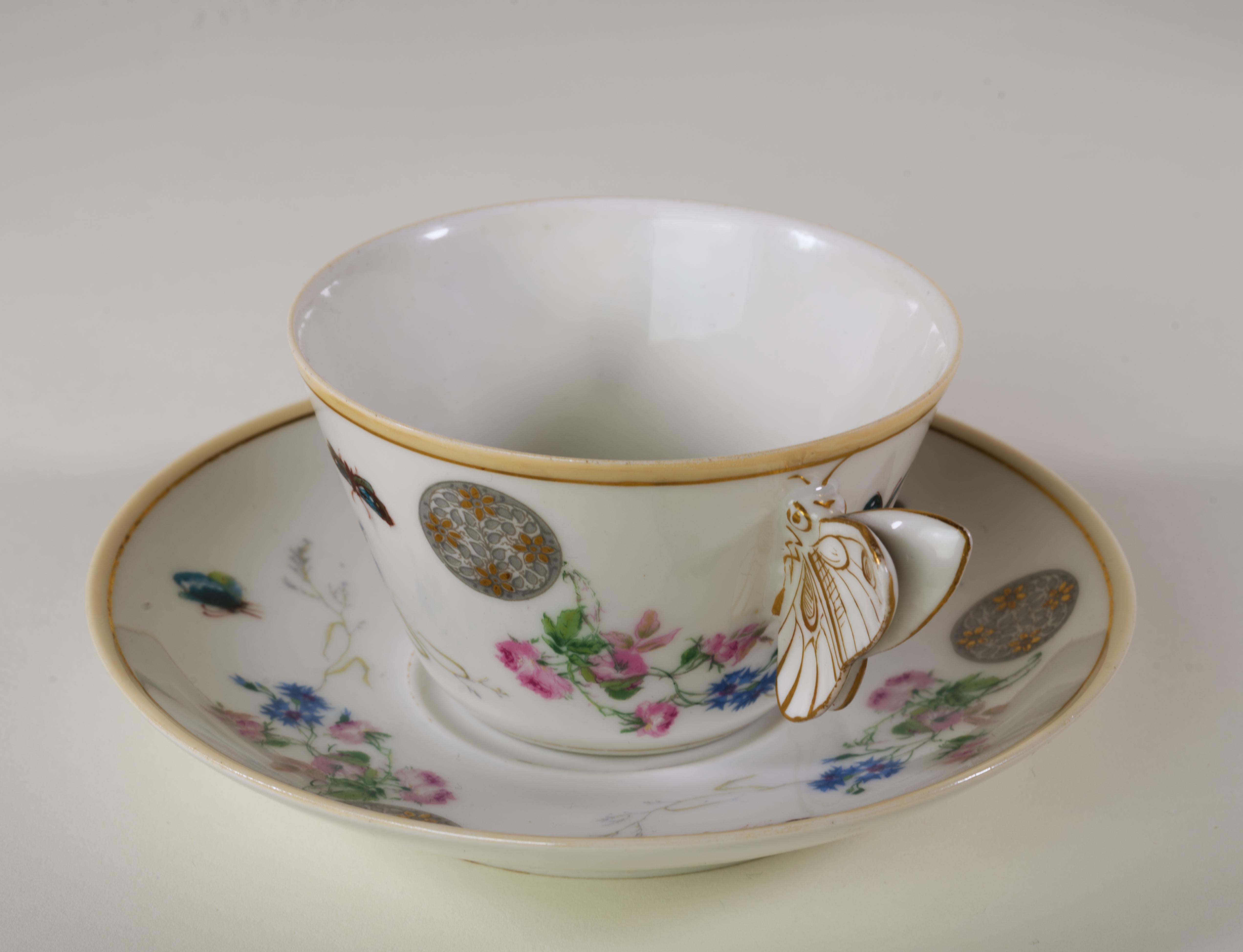 Aesthetic Movement Haviland Limoges Butterfly Handled Cup and saucer set, 1879-1889, Aesthetic  For Sale