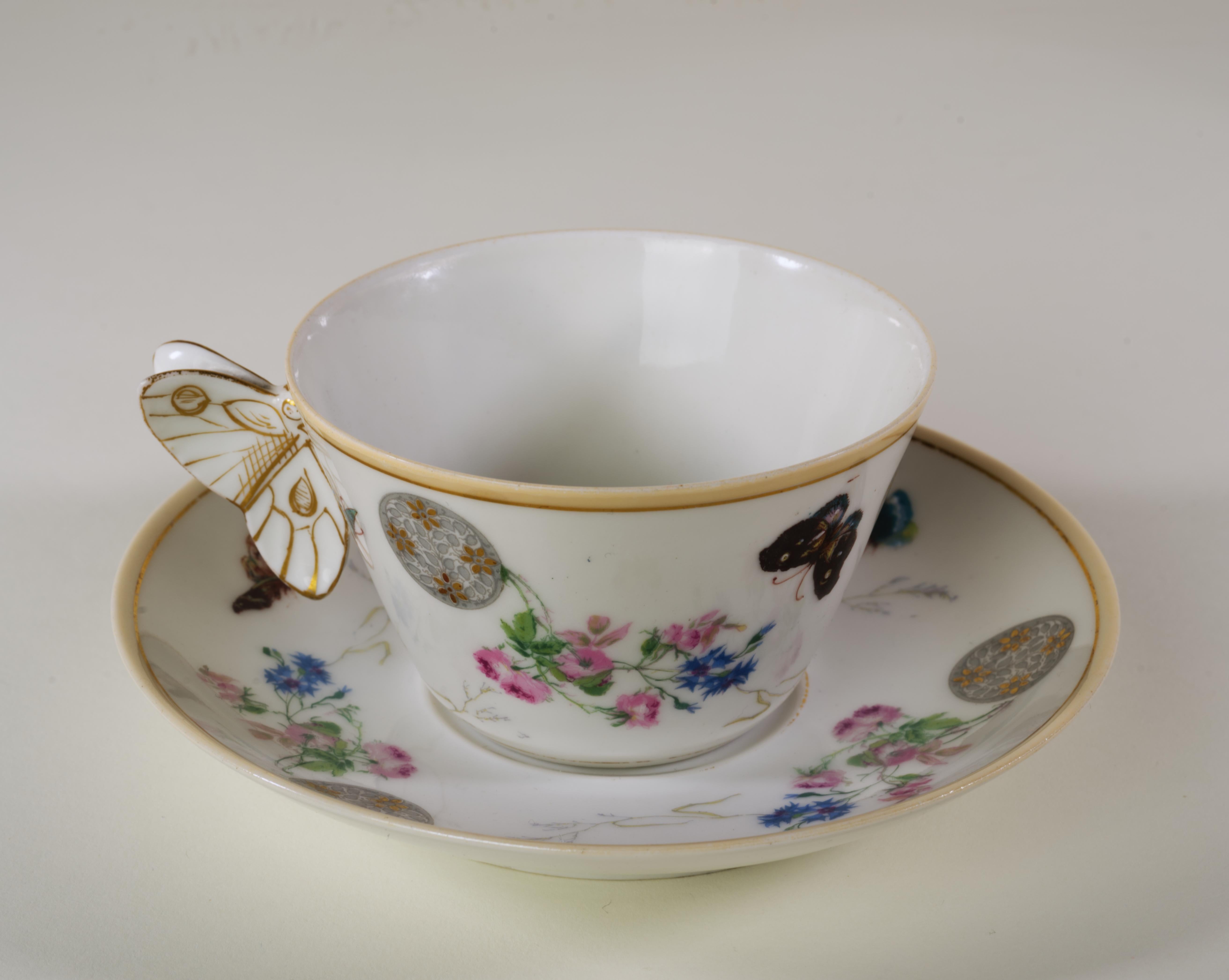 Hand-Crafted Haviland Limoges Butterfly Handled Cup and saucer set, 1879-1889, Aesthetic  For Sale