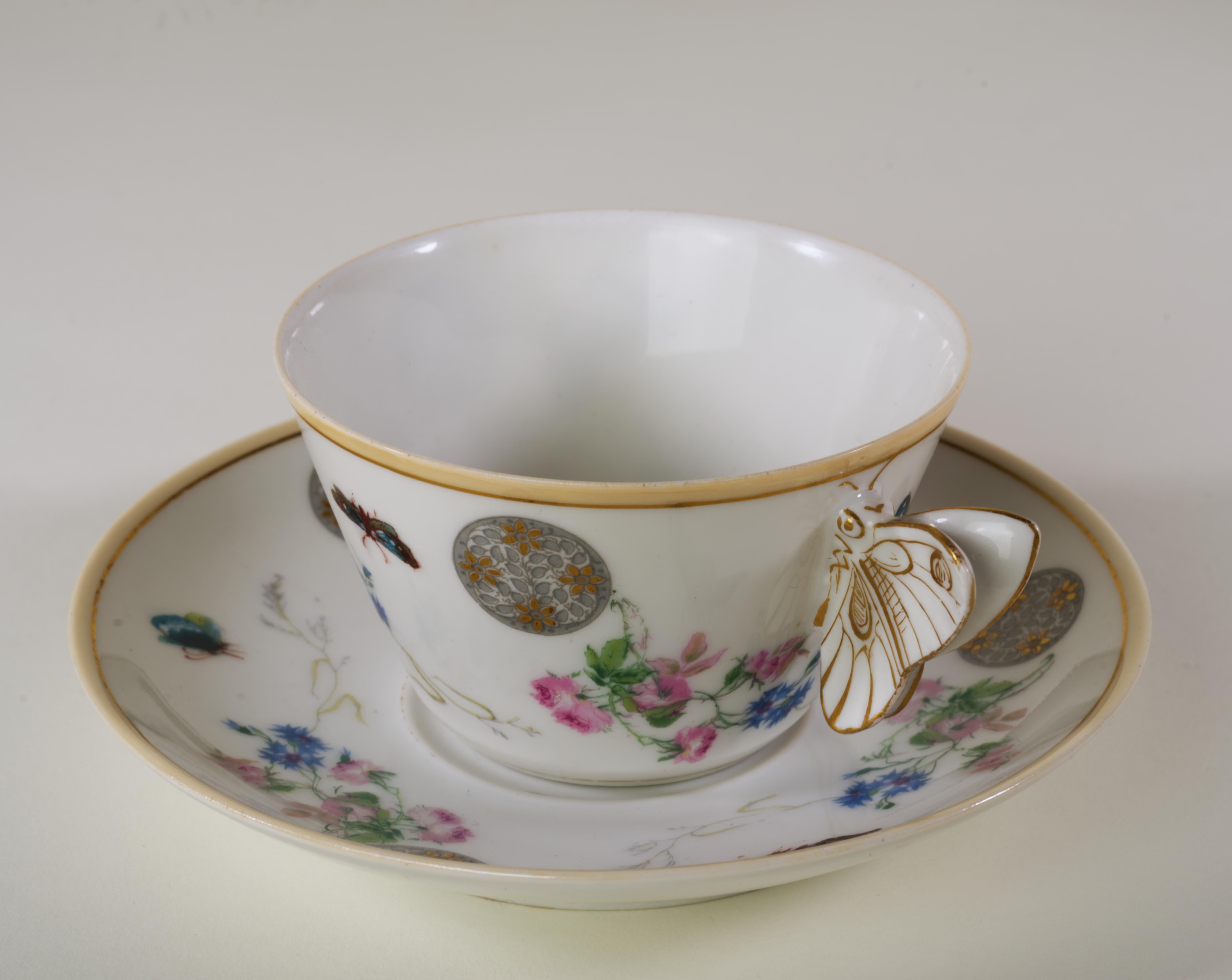 Porcelain Haviland Limoges Butterfly Handled Cup and saucer set, 1879-1889, Aesthetic  For Sale