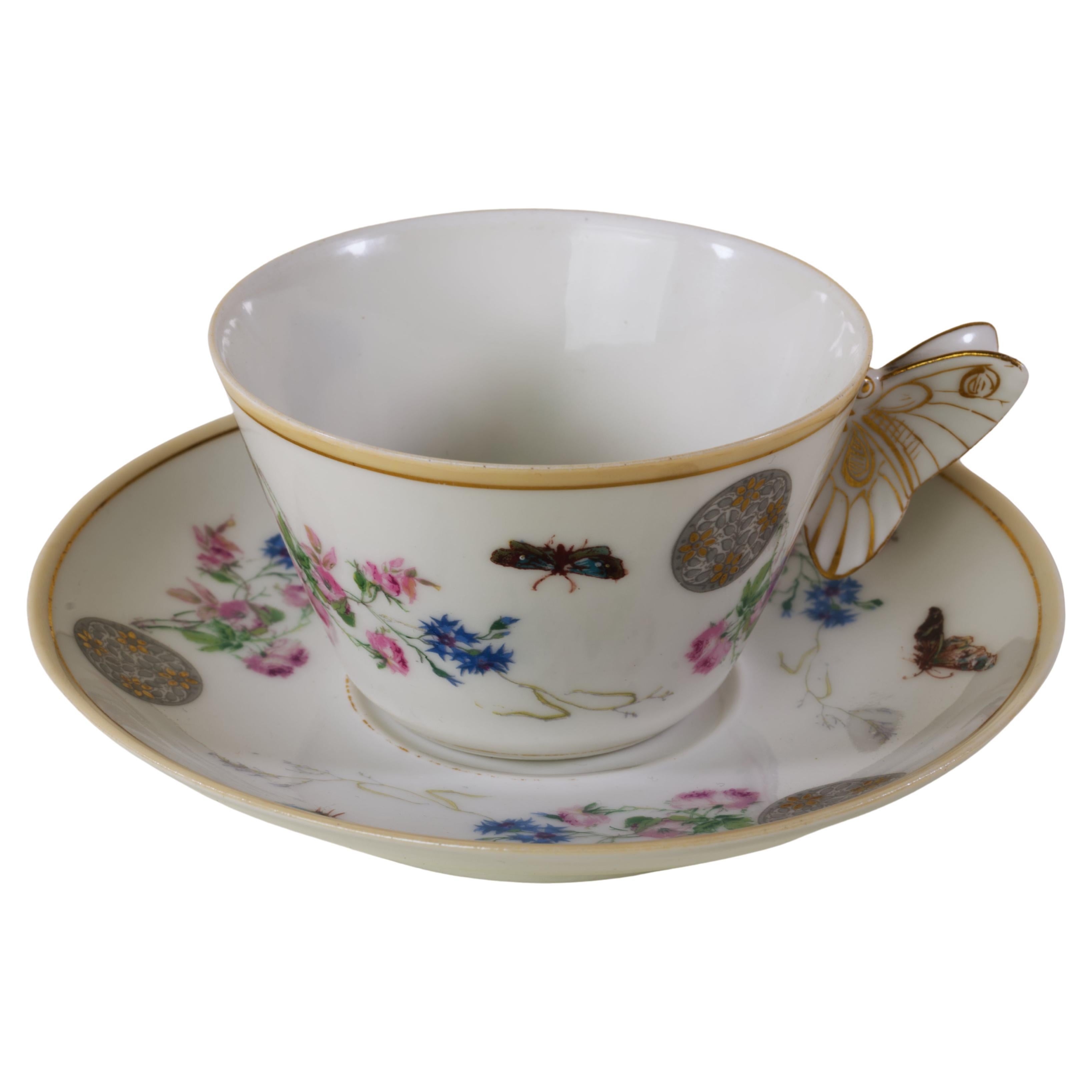 Haviland Limoges Butterfly Handled Cup and saucer set, 1879-1889, Aesthetic  For Sale