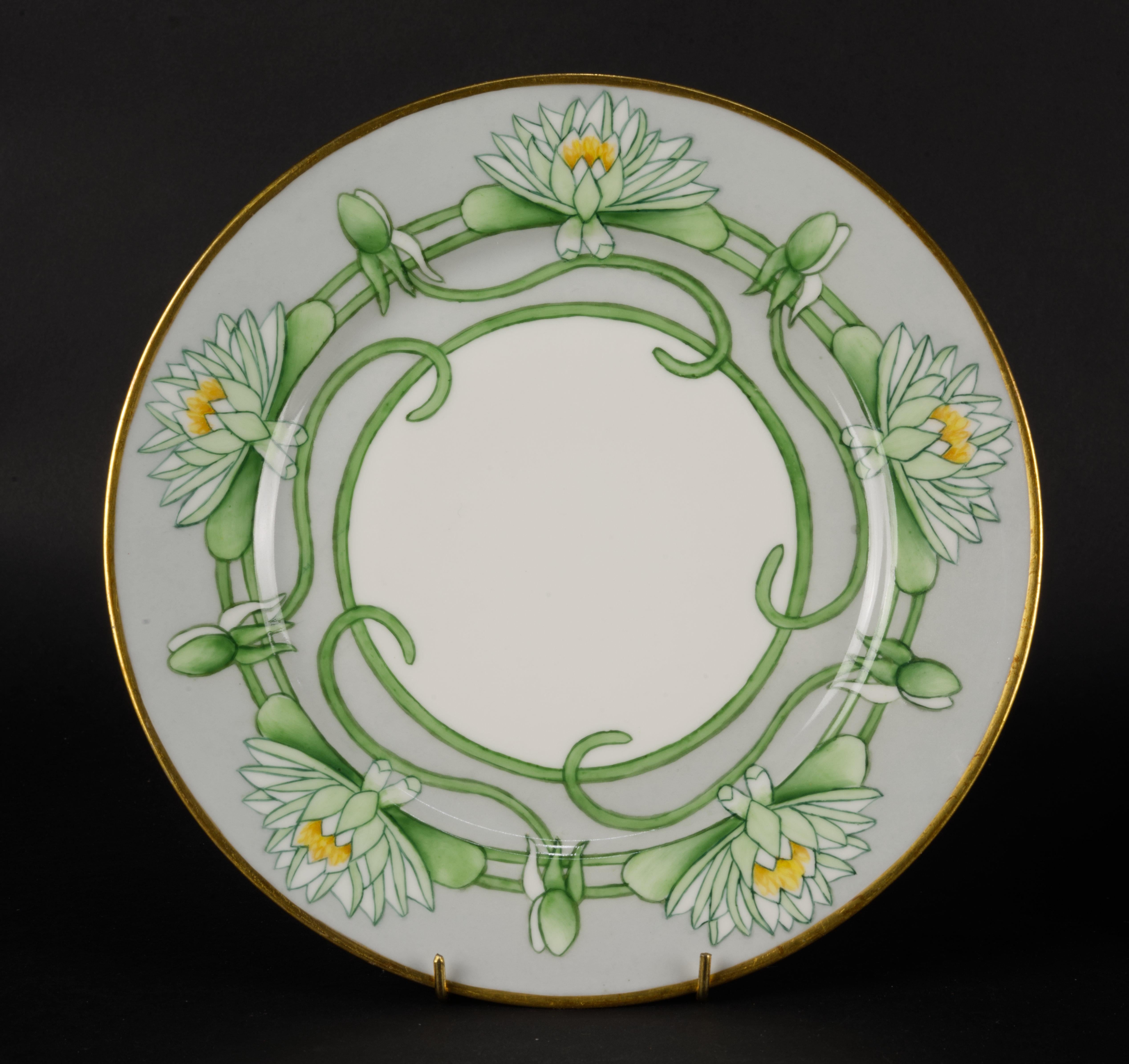 Haviland Limoges Hand Painted Art Deco Porcelain Plates Water Lilies In Good Condition For Sale In Clifton Springs, NY