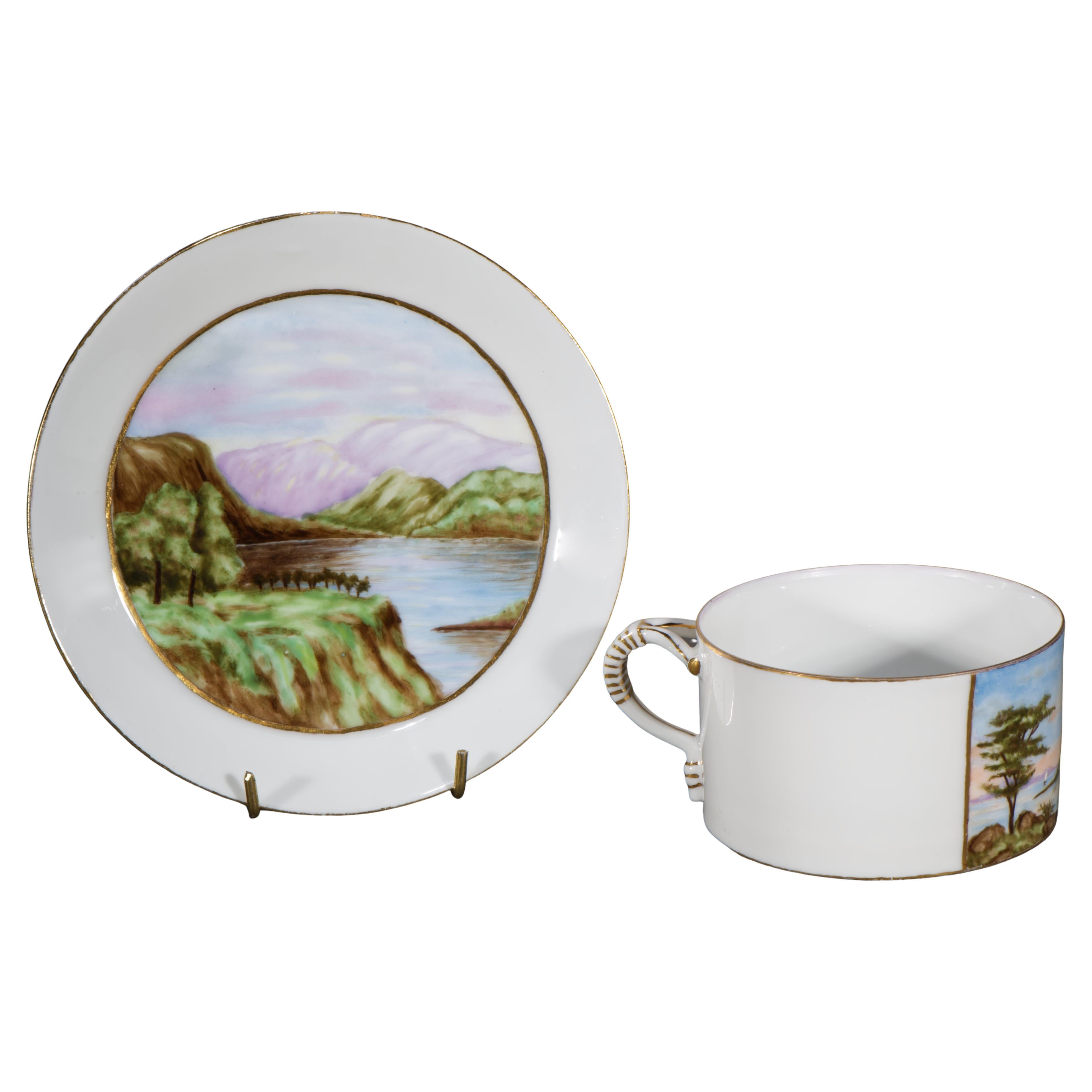 Tazza e piattino Haviland Limoges dipinti a mano con paesaggi artistici e artigianali, 1882-1891