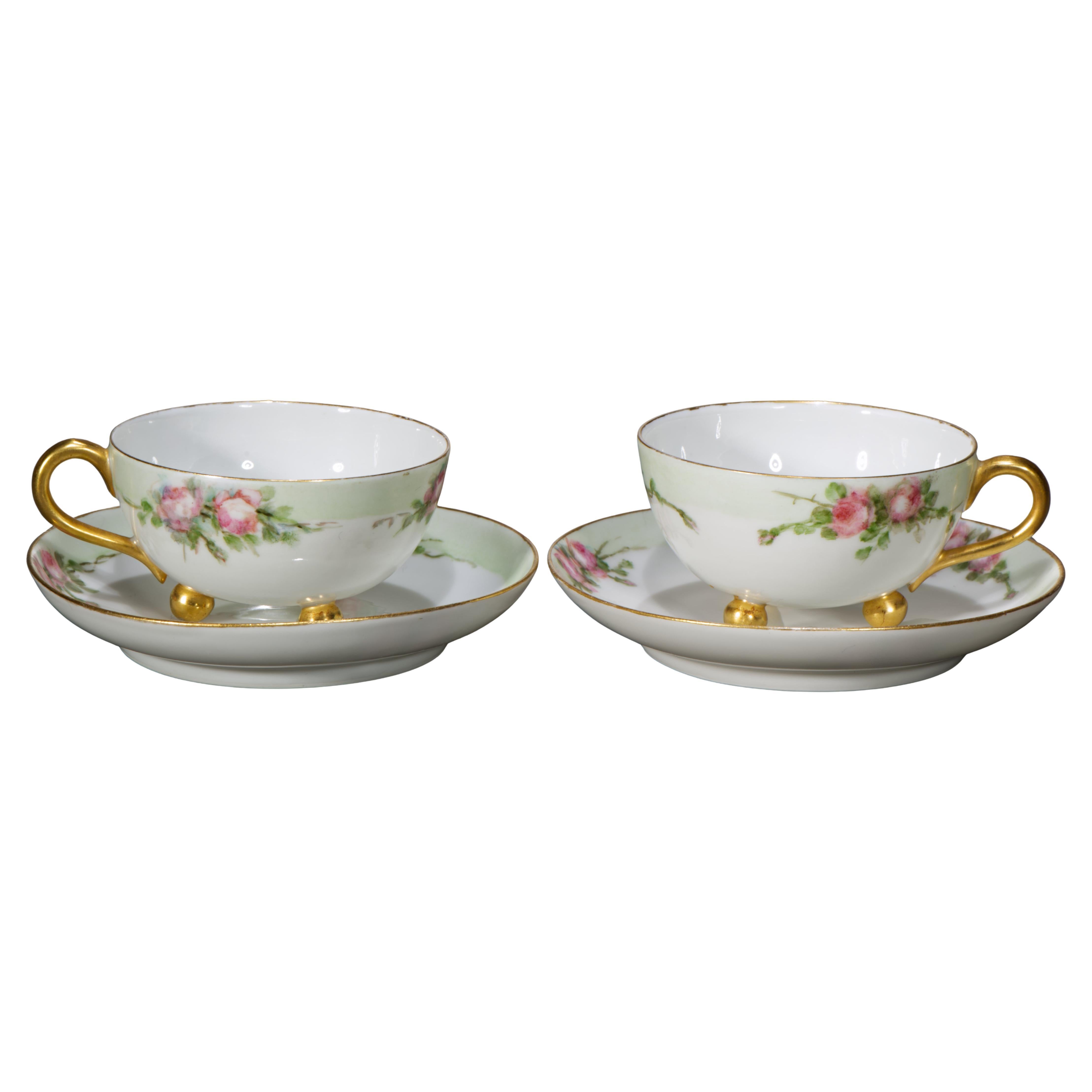 Haviland Limoges Hand Painted Pair of Porcelain Cups 
Saucers, France 1894-1931