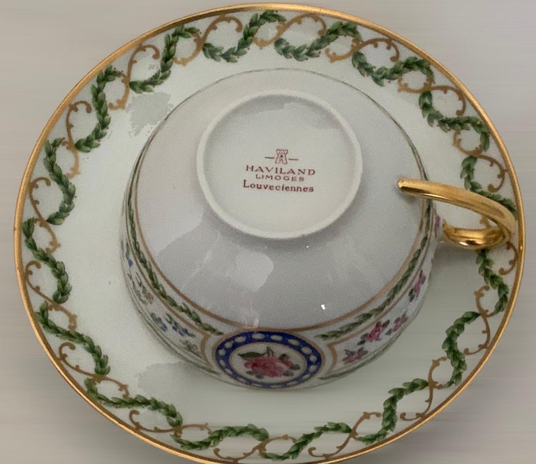 Neoclassical Haviland Limoges Leuvocienne Hand Painted Porcelain Set of Cup and Saucer For Sale