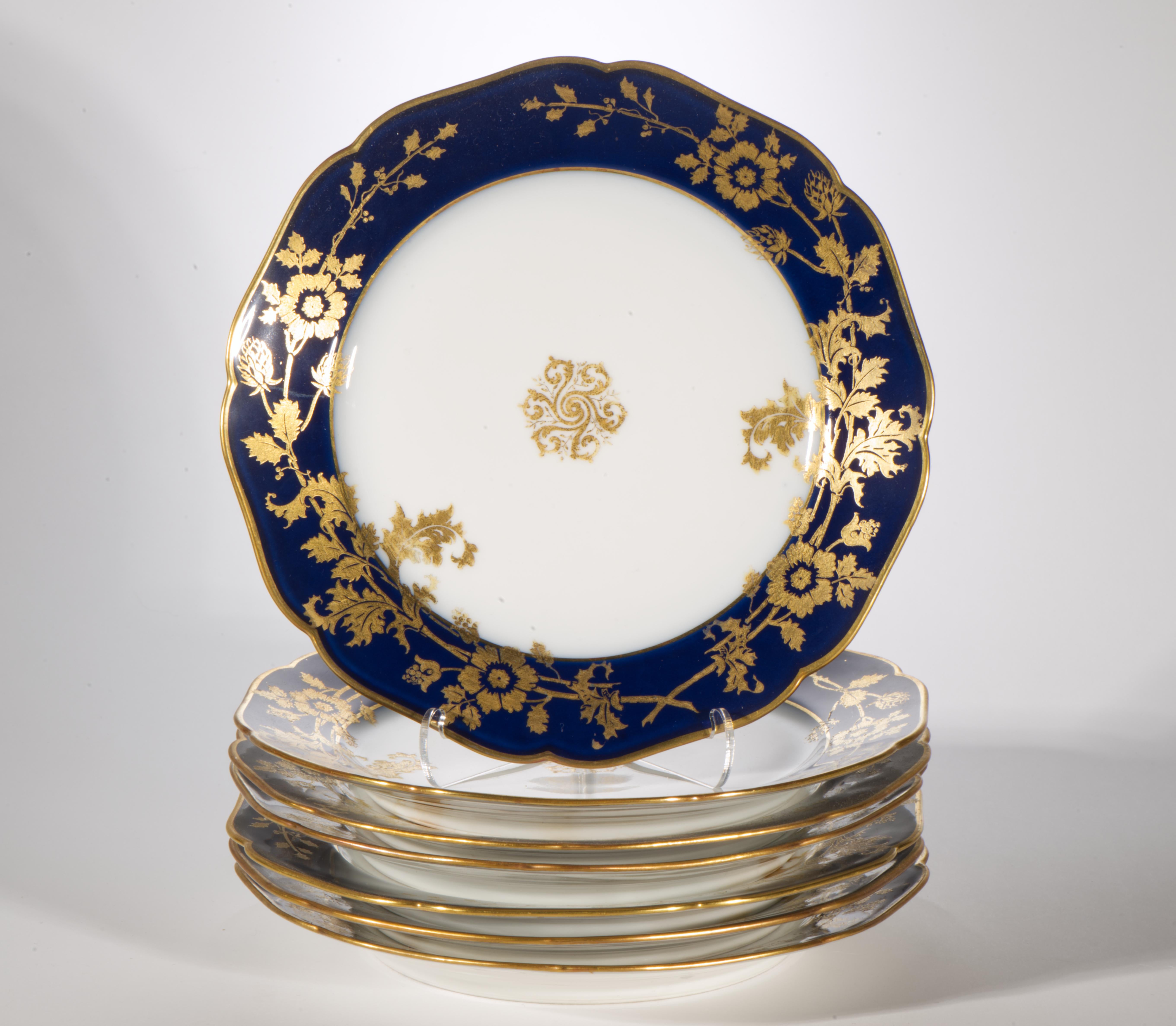 Haviland Limoges Porcelain Set of 7 Plates, Cobalt Blue and Gold