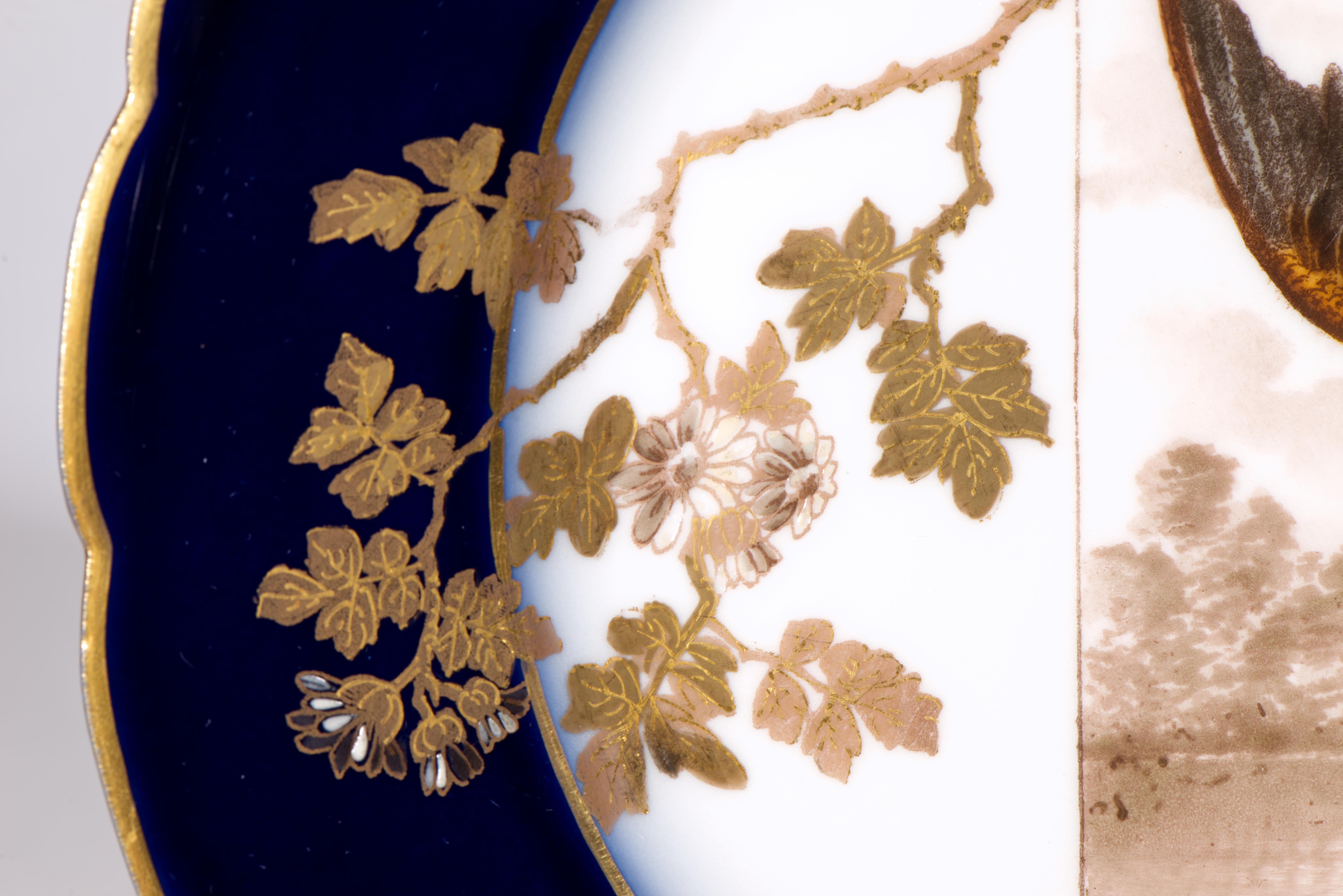 Victorian Haviland Limoges Set of 3 Porcelain Game Bird Plates, Cobalt Blue & Gold 1882-91 For Sale