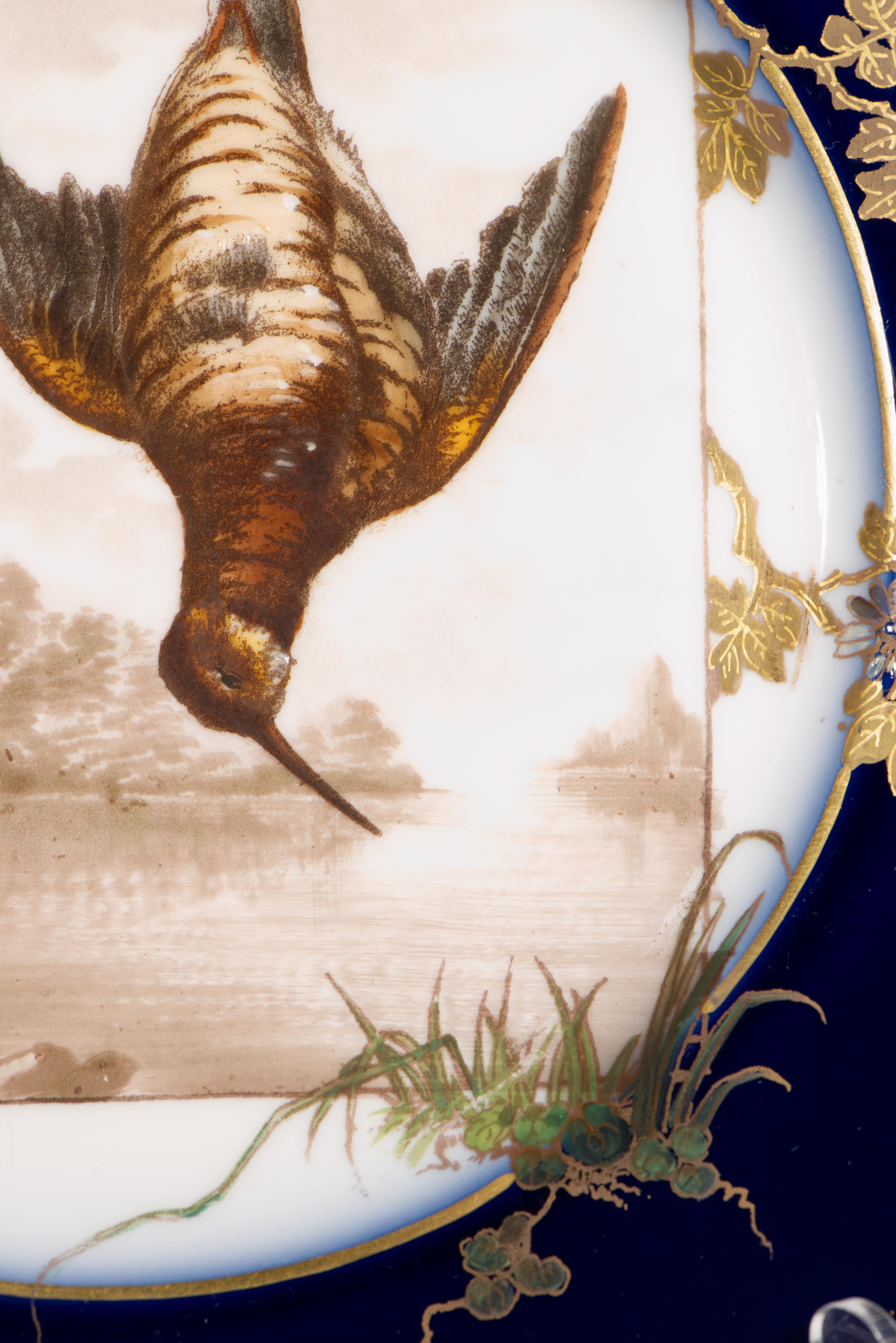 French Haviland Limoges Set of 3 Porcelain Game Bird Plates, Cobalt Blue & Gold 1882-91 For Sale