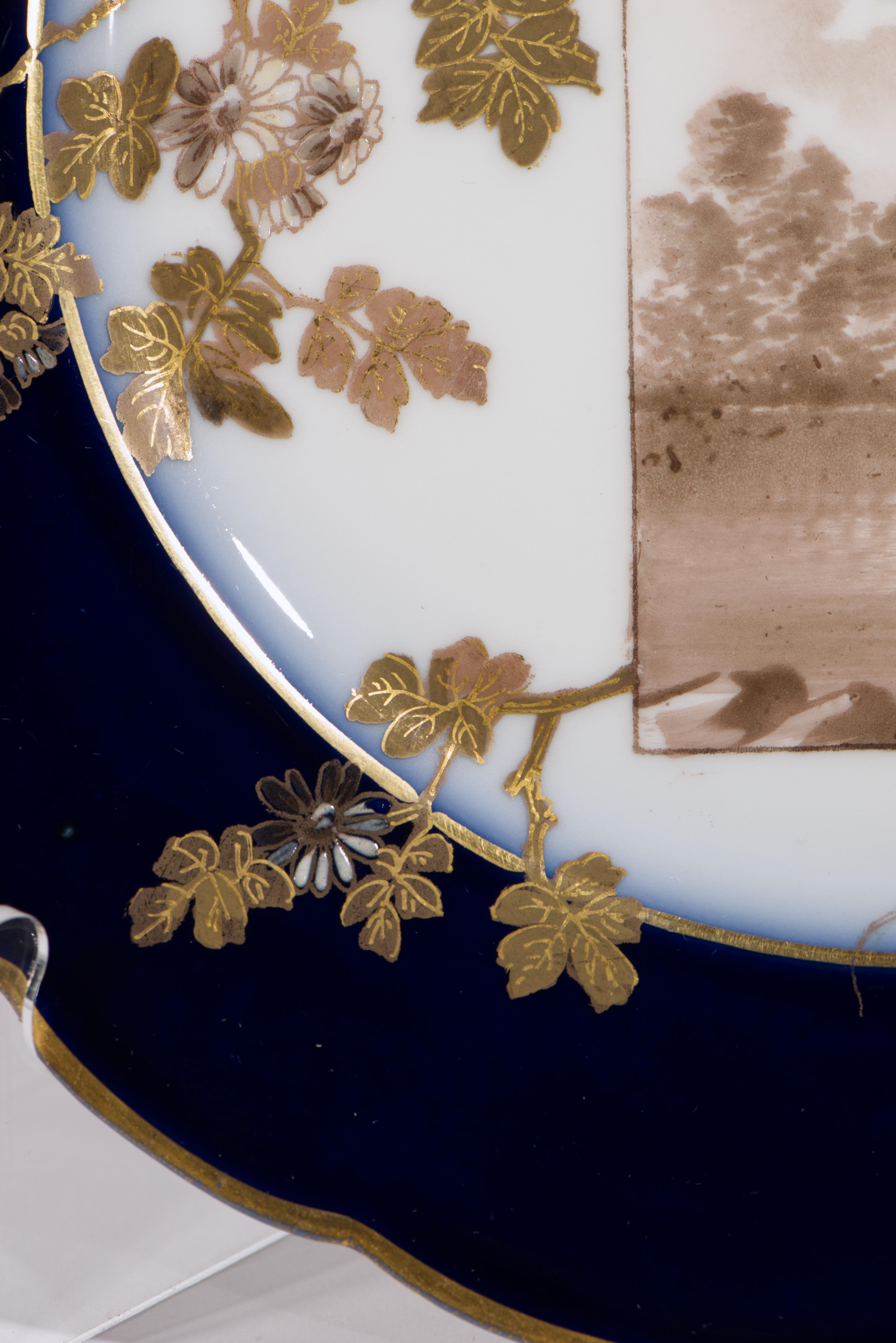 Enameled Haviland Limoges Set of 3 Porcelain Game Bird Plates, Cobalt Blue & Gold 1882-91 For Sale