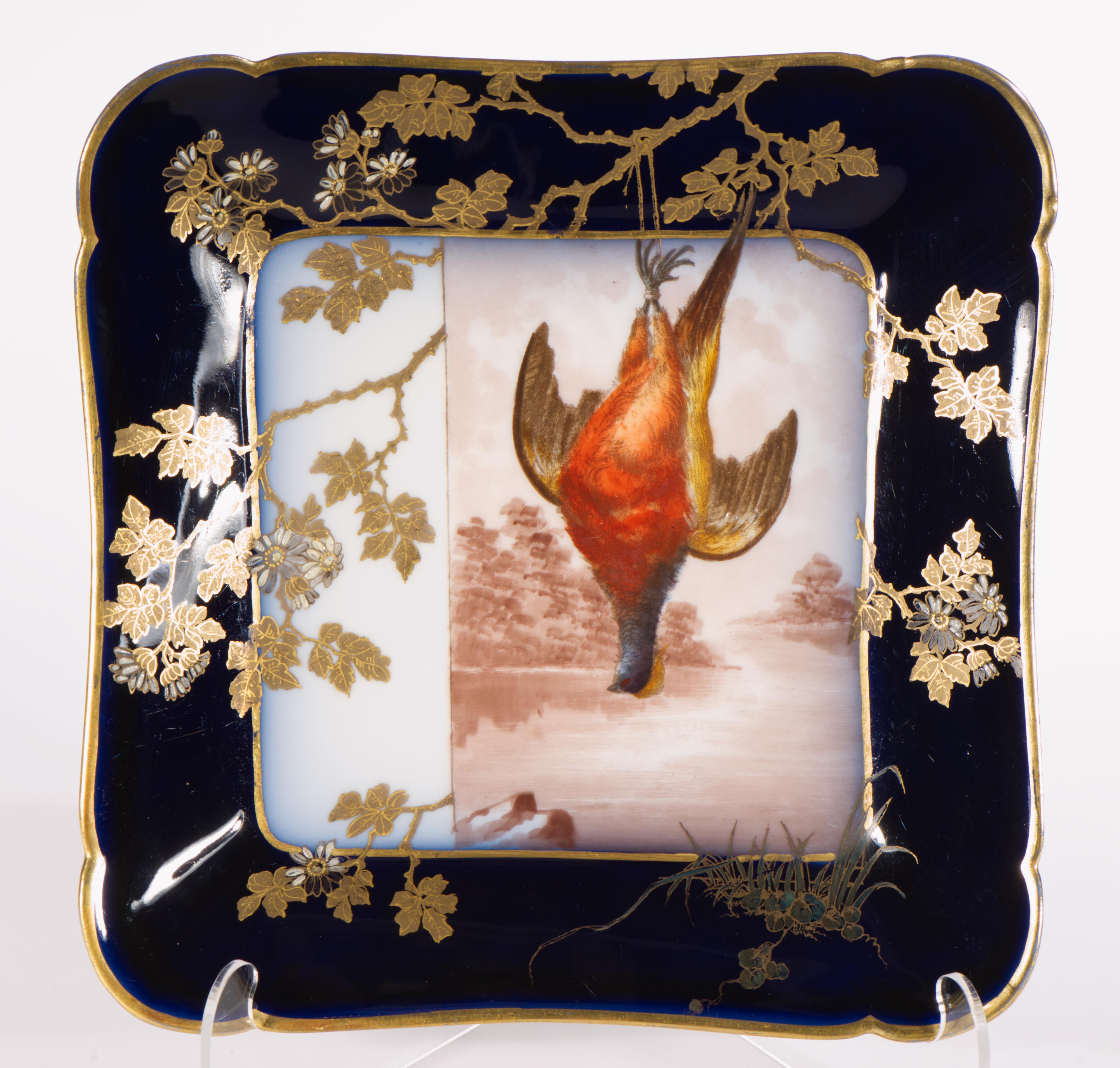 Haviland Limoges Set of 3 Porcelain Game Bird Plates, Cobalt Blue & Gold 1882-91 For Sale 1
