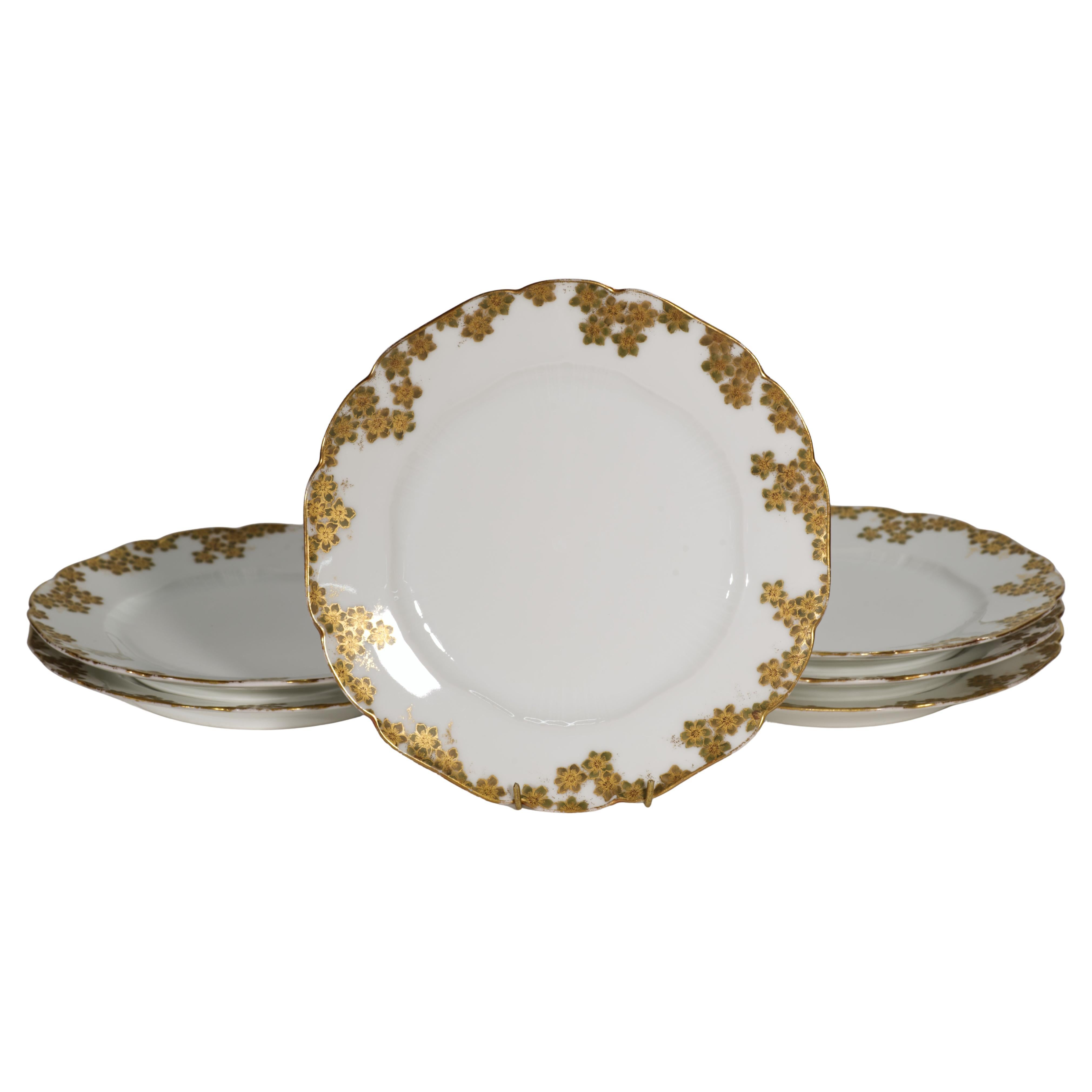 Haviland Limoges Set of 6 Porcelain Plates with Flower Decor Gold and Moss Green