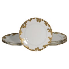 Haviland Limoges Set of 6 Porcelain Plates with Flower Decor Gold and Moss Green