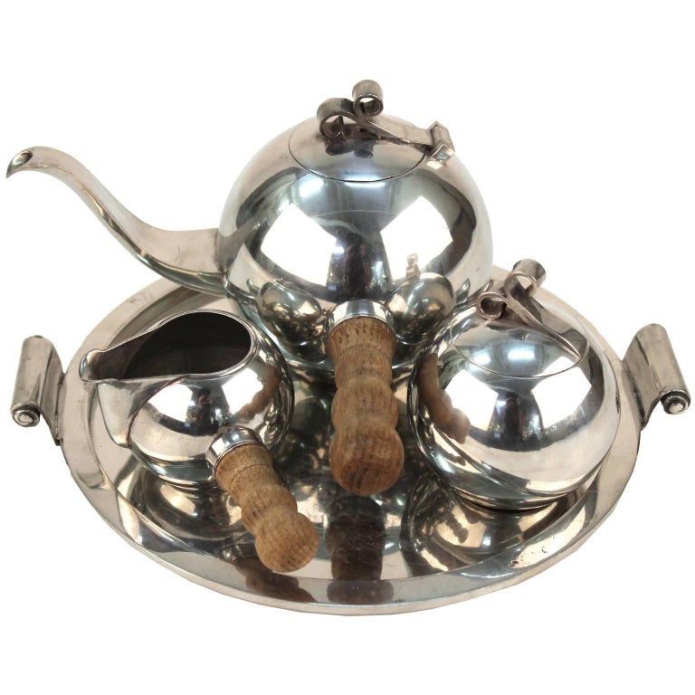 Havstad Norwegian Art Deco Pewter Tea Set on Serving Plate For Sale at