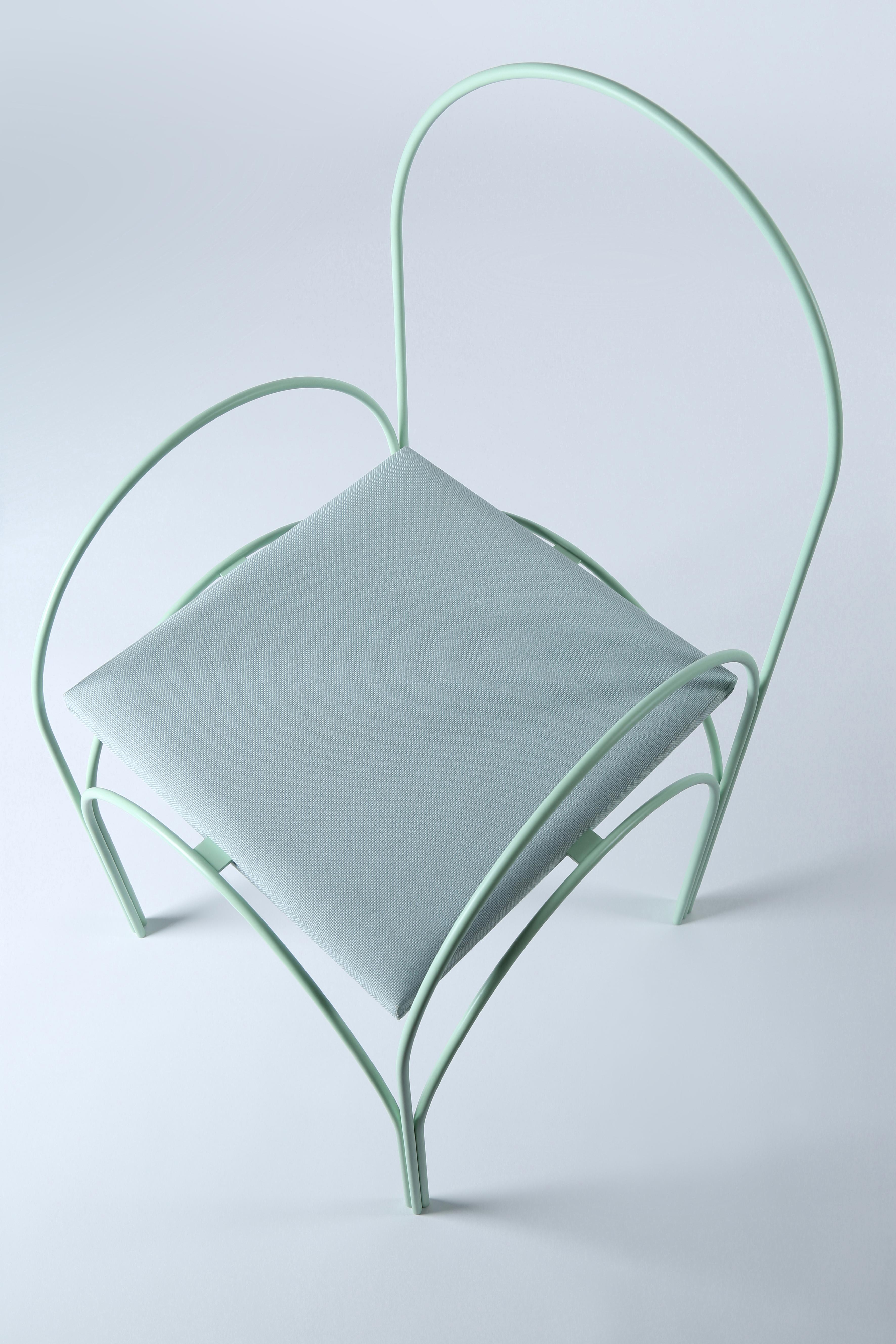Hawa Beirut naked chair by Richard Yasmine
Materials: structure in powder coated metal, fabric upholstery 
Dimensions: H 92 cm x W 46cm x D 47cm

HAWA Beirut, a collection of very light or airy furniture inspired from the Lebanese architecture
