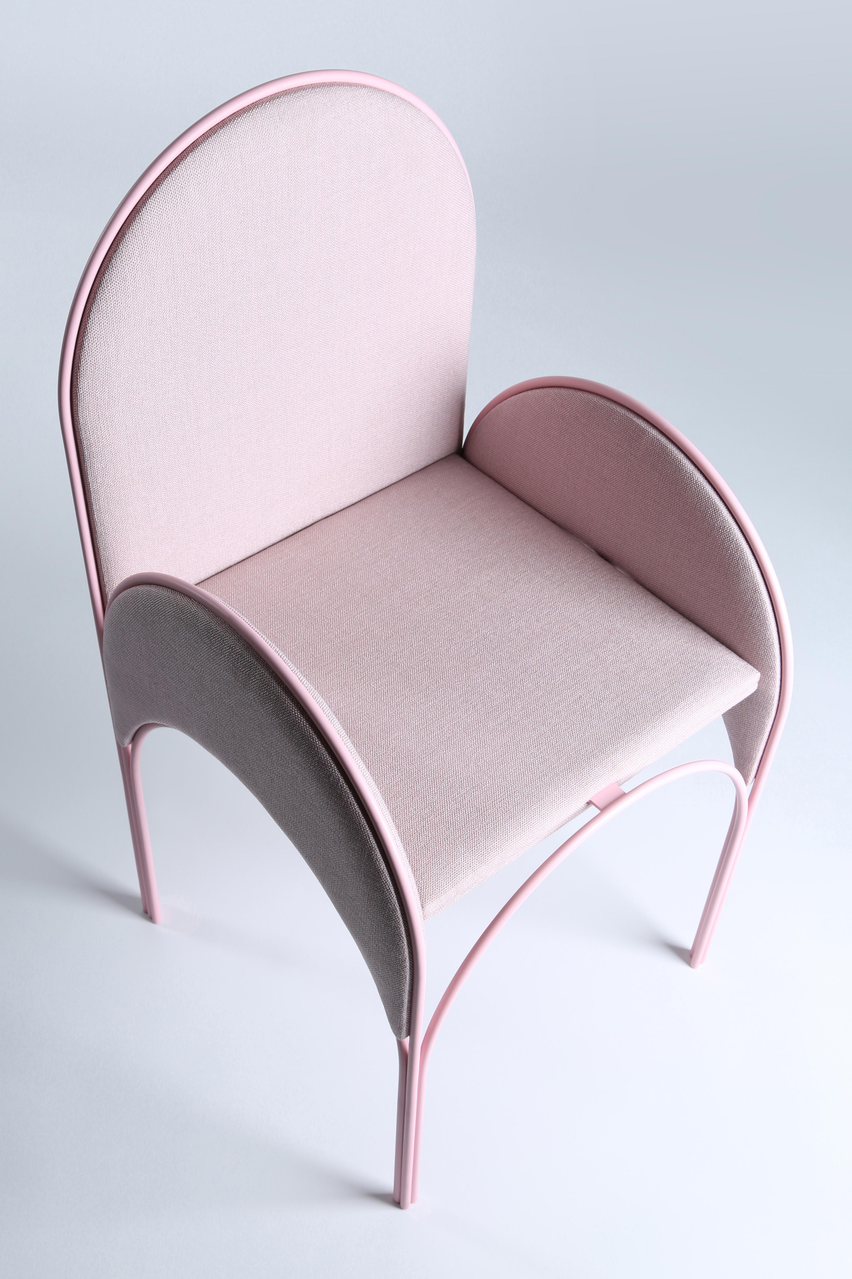 Hawa Beirut pink chair by Richard Yasmine
Materials: Structure in powder-coated metal, fabric upholstery 
Dimensions: H 92 cm x W 46cm x D 47cm

HAWA Beirut, a collection of very light or airy furniture inspired from the Lebanese architecture