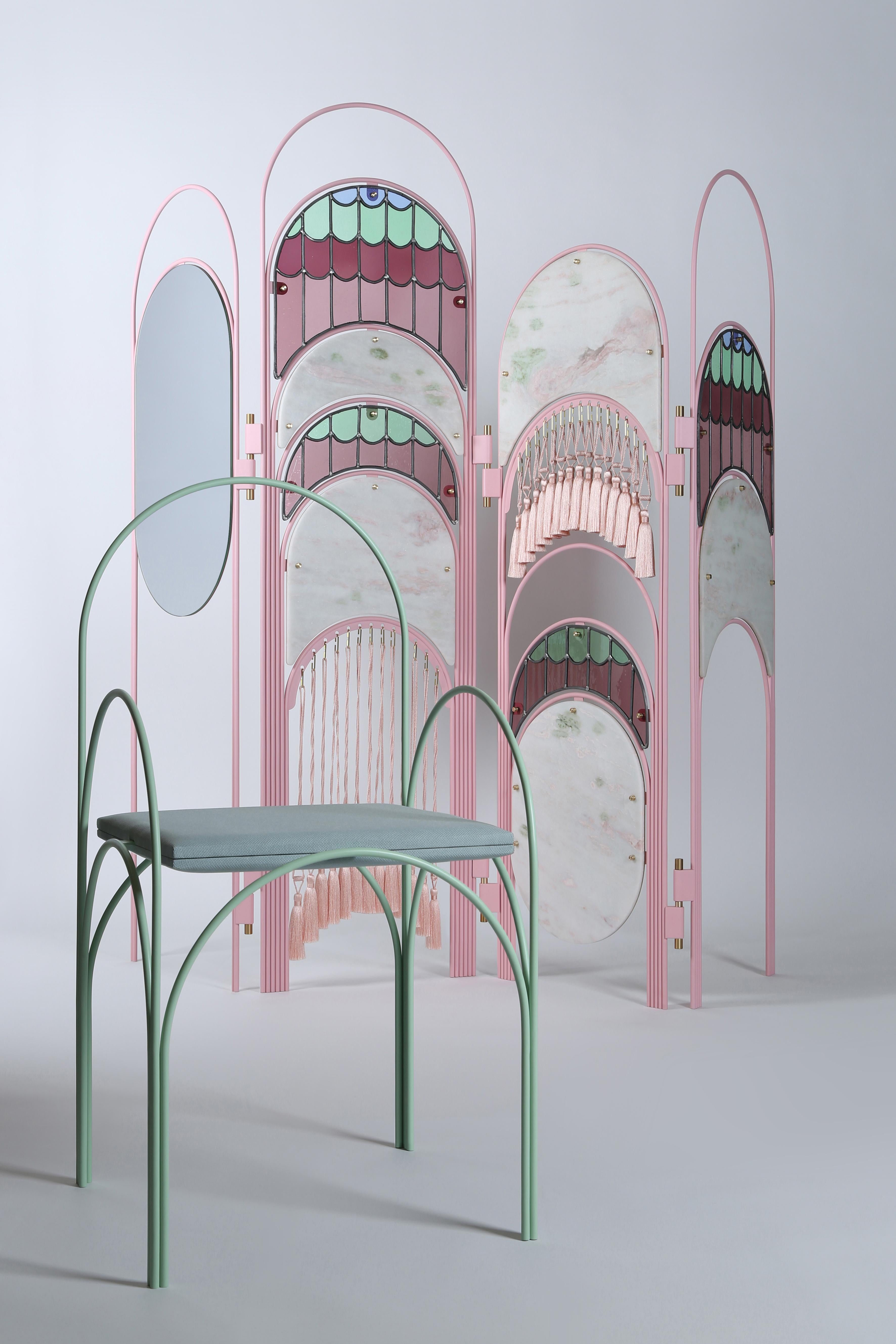 Hawa Beirut screen by Richard Yasmine
Materials: Structure in powder coated metal, brushed brass, treated pink marble, stained glass, silk
tassels, Mirror
Dimensions: H 180 x L 201 x D 5 cm

HAWA Beirut, a collection of very light or airy