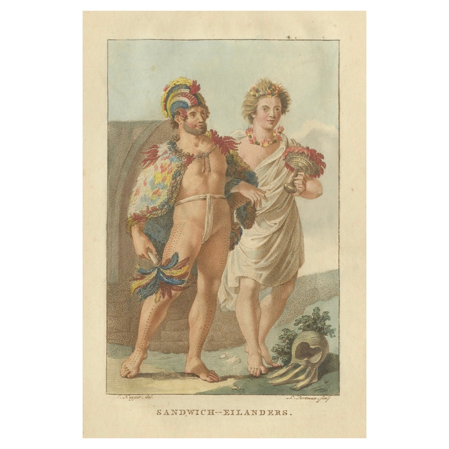 Hawaii-Insulaner - Antiker handkolorierter ethnografischer Stich (um 1800)