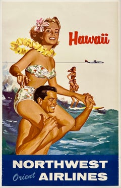 HAWAII NORTHWEST ORIENT AIRLINES Original Vintage Airline Travel Tourism Poster