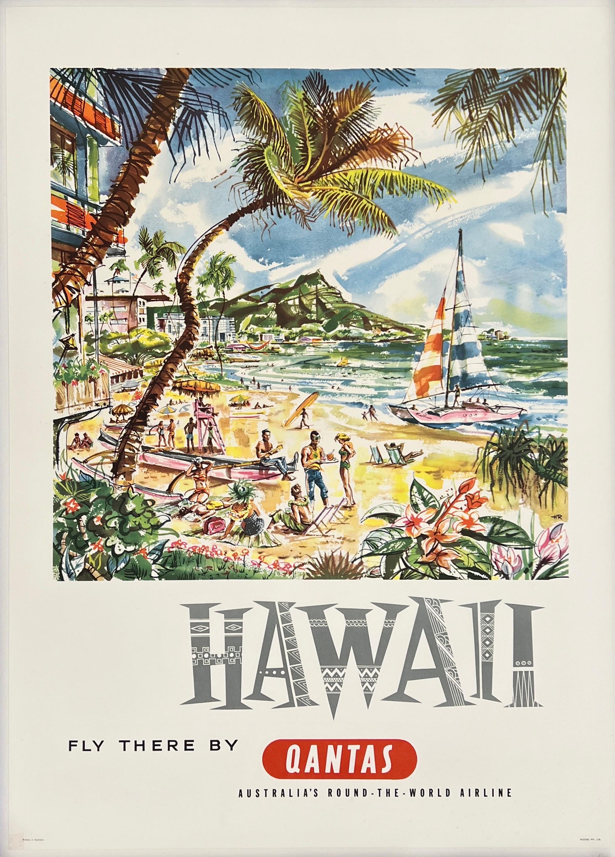 HAWAII - QANTAS Original Vintage Airline Reise Tourismus Australien Poster MCM