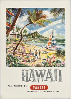 HAWAII - QANTAS Original Vintage Airline Travel Tourism Australia Poster MCM