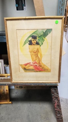 Hawaiian Airbrush Nude on Paper by Mundorff Honolulu in Bamboo Frame, 1945