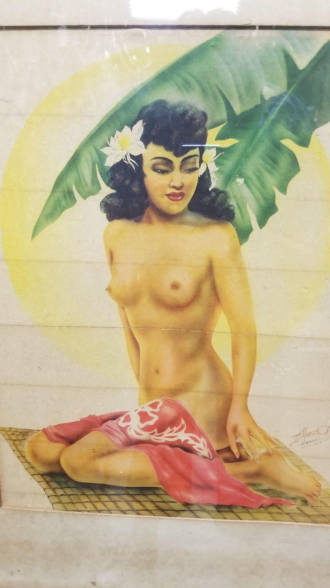 American Hawaiian Airbrush Nude on Paper by Mundorff Honolulu in Bamboo Frame, 1945 For Sale