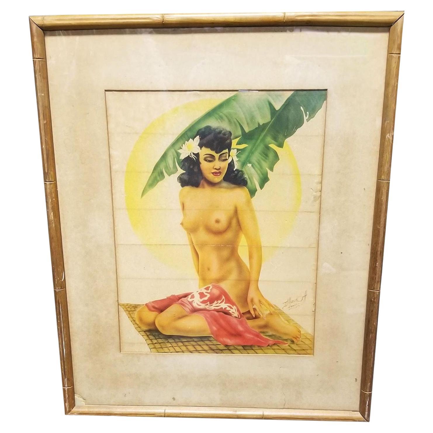 Hawaiian Airbrush Nude on Paper by Mundorff Honolulu in Bamboo Frame, 1945 For Sale