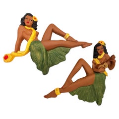 Hawaiian Art Pottery Nude Pin-up Yellow Hula Girl Wall Sculpture, Pair