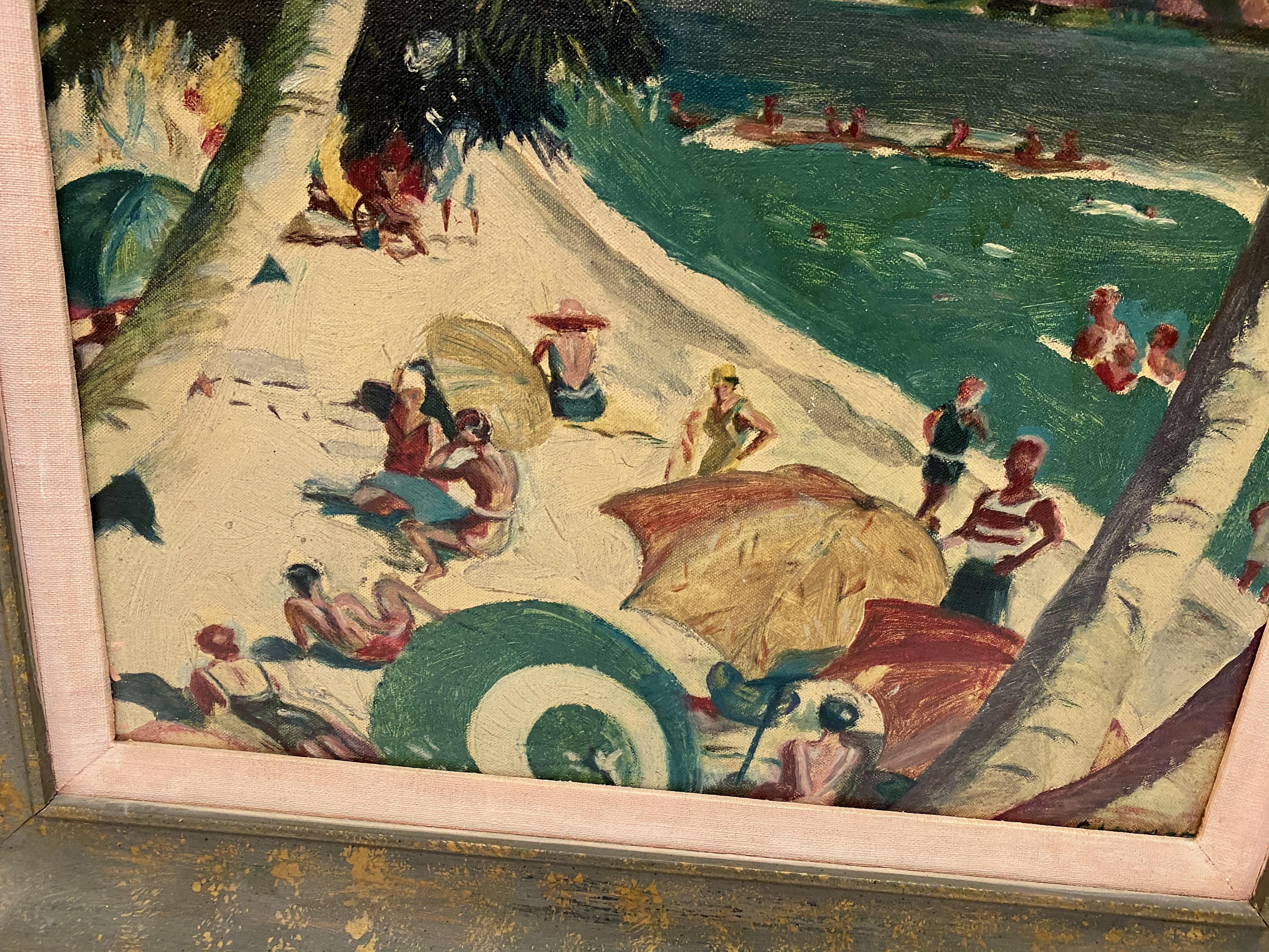 This is a charming painting of a mid-century Hawaiian Beach Scene. Note the surfer in the background. The painting is in overall good condition as is the frame.