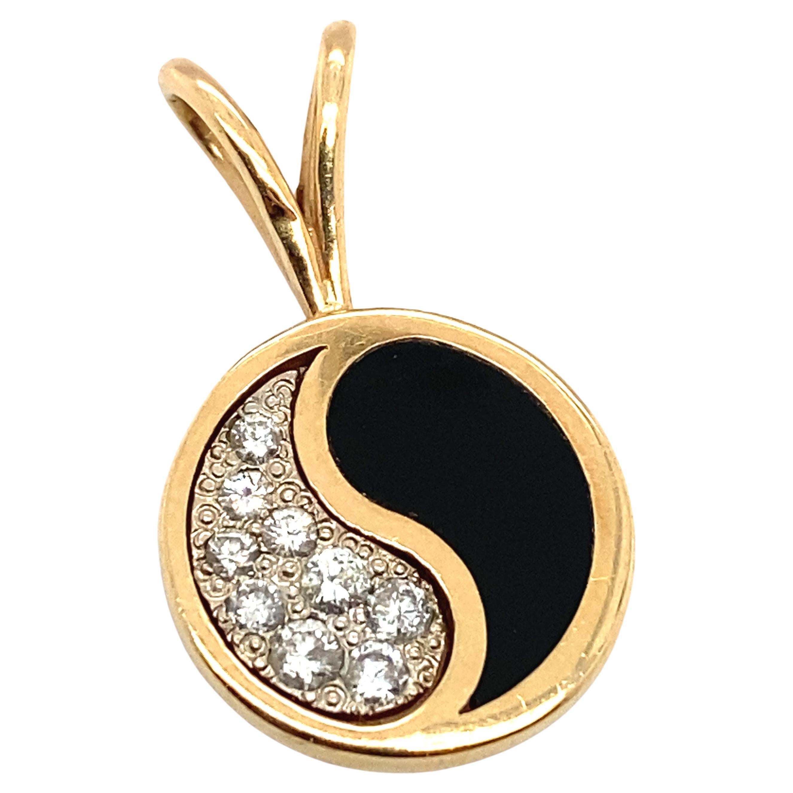 Hawaiian Black Coral and Diamond Yin-Yang Pendant in 14 Karat Gold For Sale