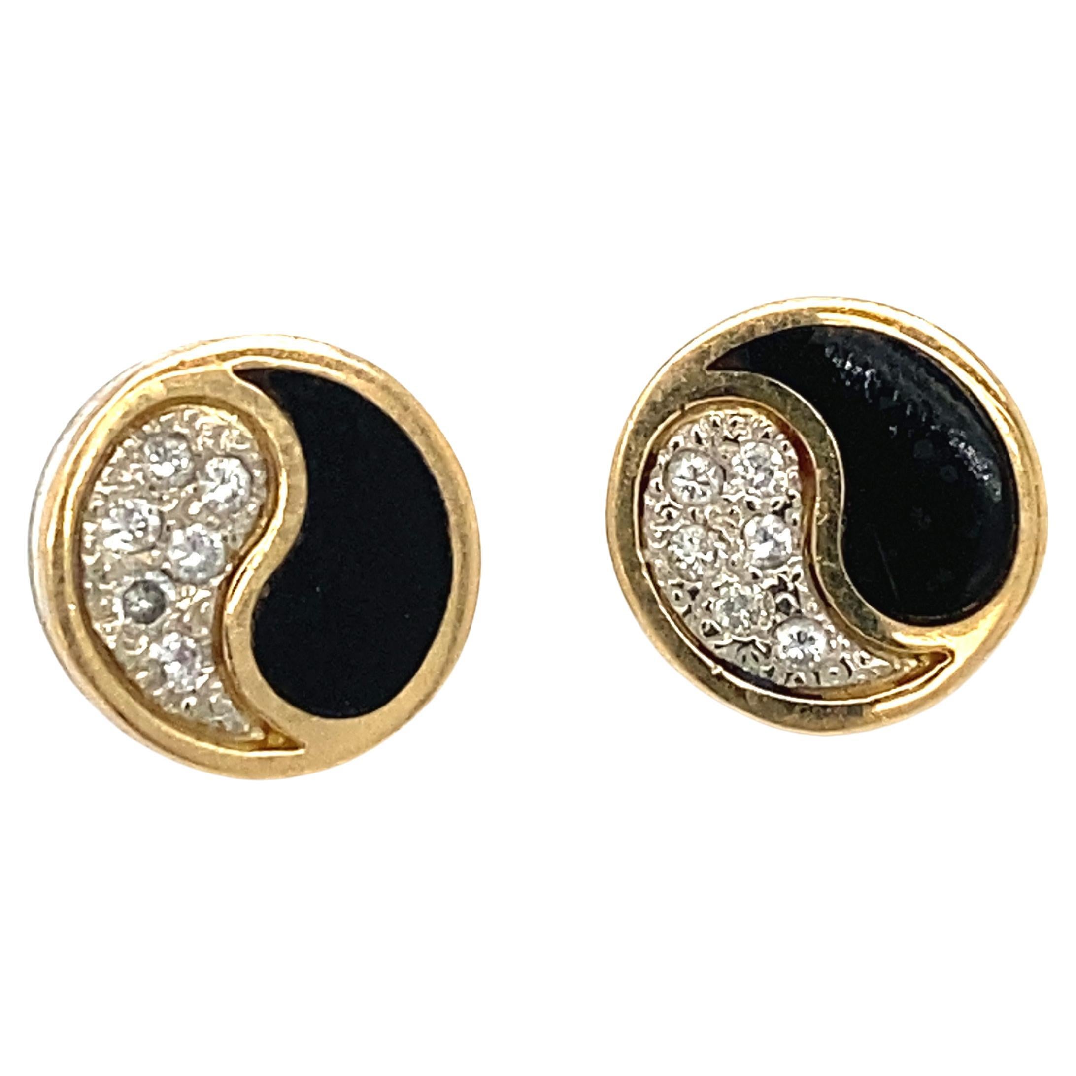 Hawaiian Black Coral and Diamond Yin-Yang Stud Earrings in 14 Karat Yellow Gold For Sale