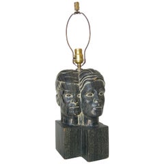 Retro Hawaiian Carved Ebony "Lovers" Male and Female Bust Sculptural Table Lamp