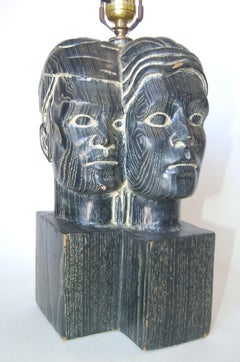 Hawaiian Carved Ebony "Lovers" Male and Female Bust Sculptural Table Lamp