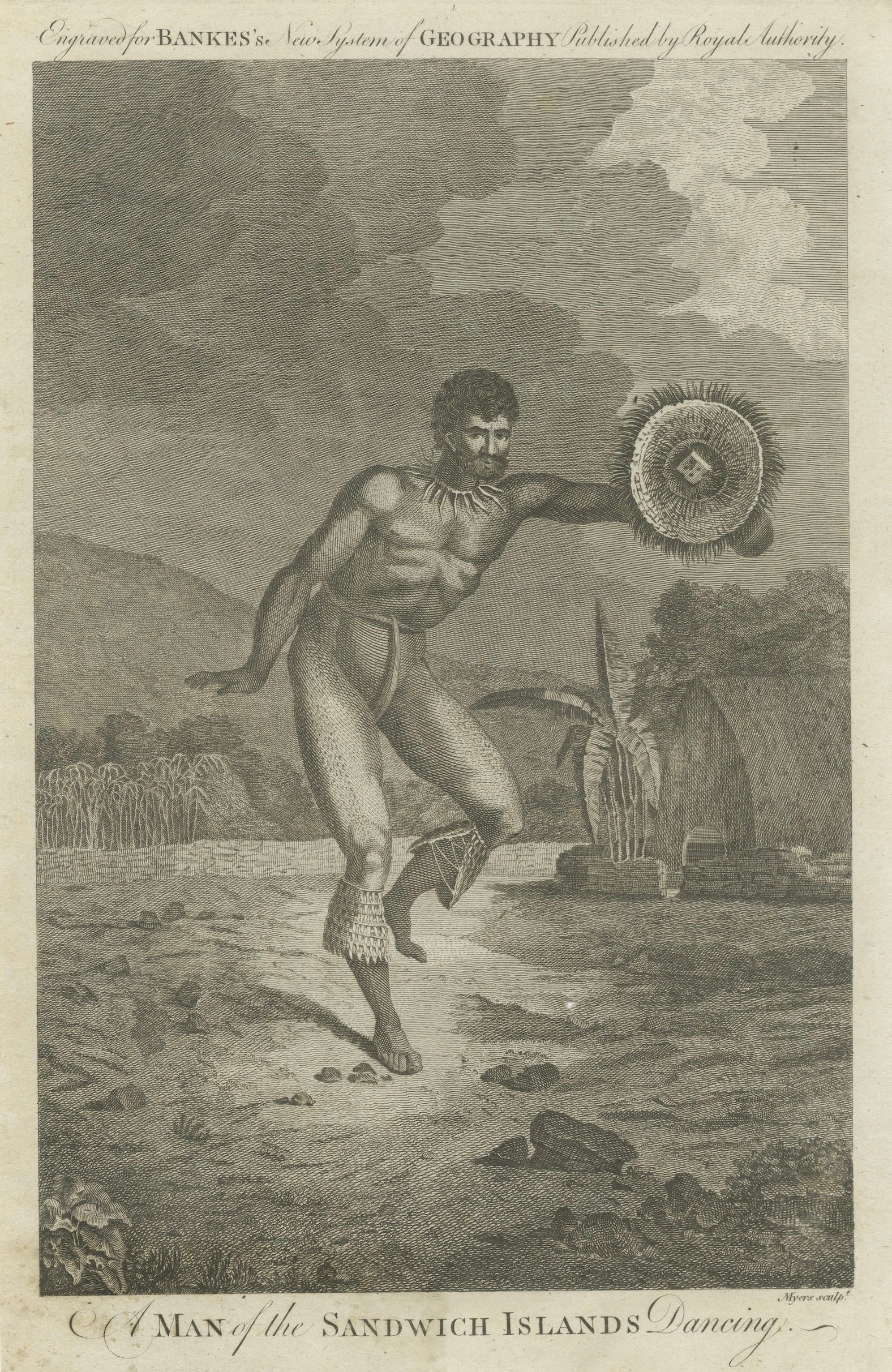 Gravure d'une danseuse hawaïenne, étude de figure des îles Sandwich, voyage de Cook, c.1790